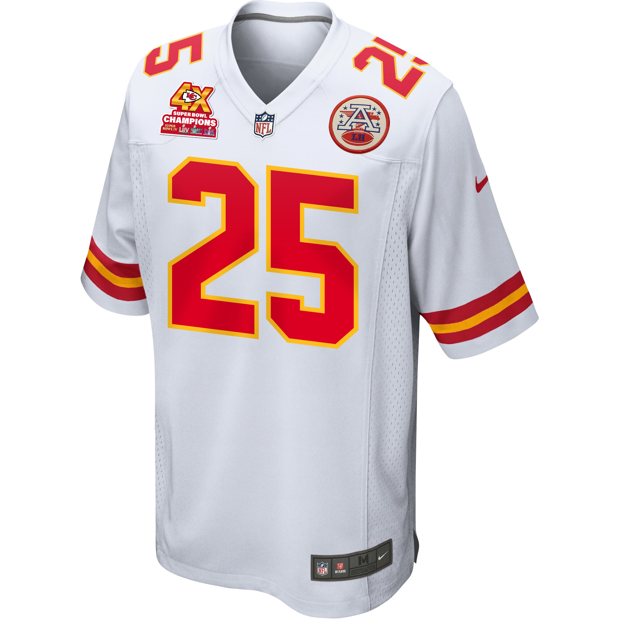 Clyde Edwards-Helaire 25 Kansas City Chiefs Super Bowl LVIII Champions 4X Game White NFL Jersey Men's