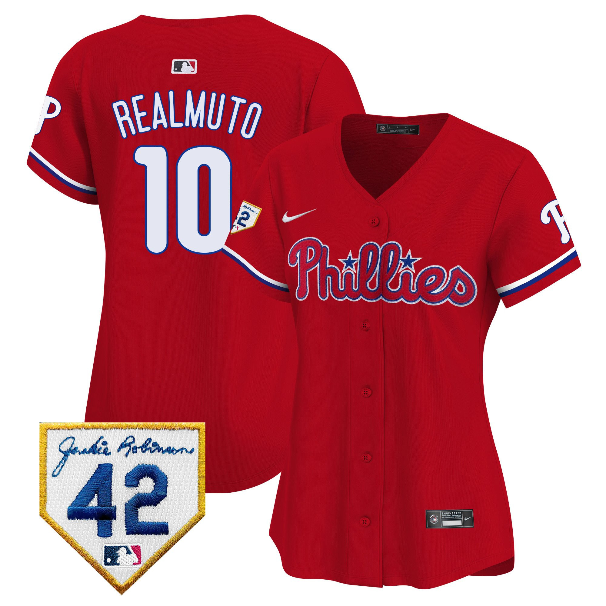 J.T. Realmuto 10 Philadelphia Phillies 2024 Jackie Robinson Patch Red MLB Jersey Women's