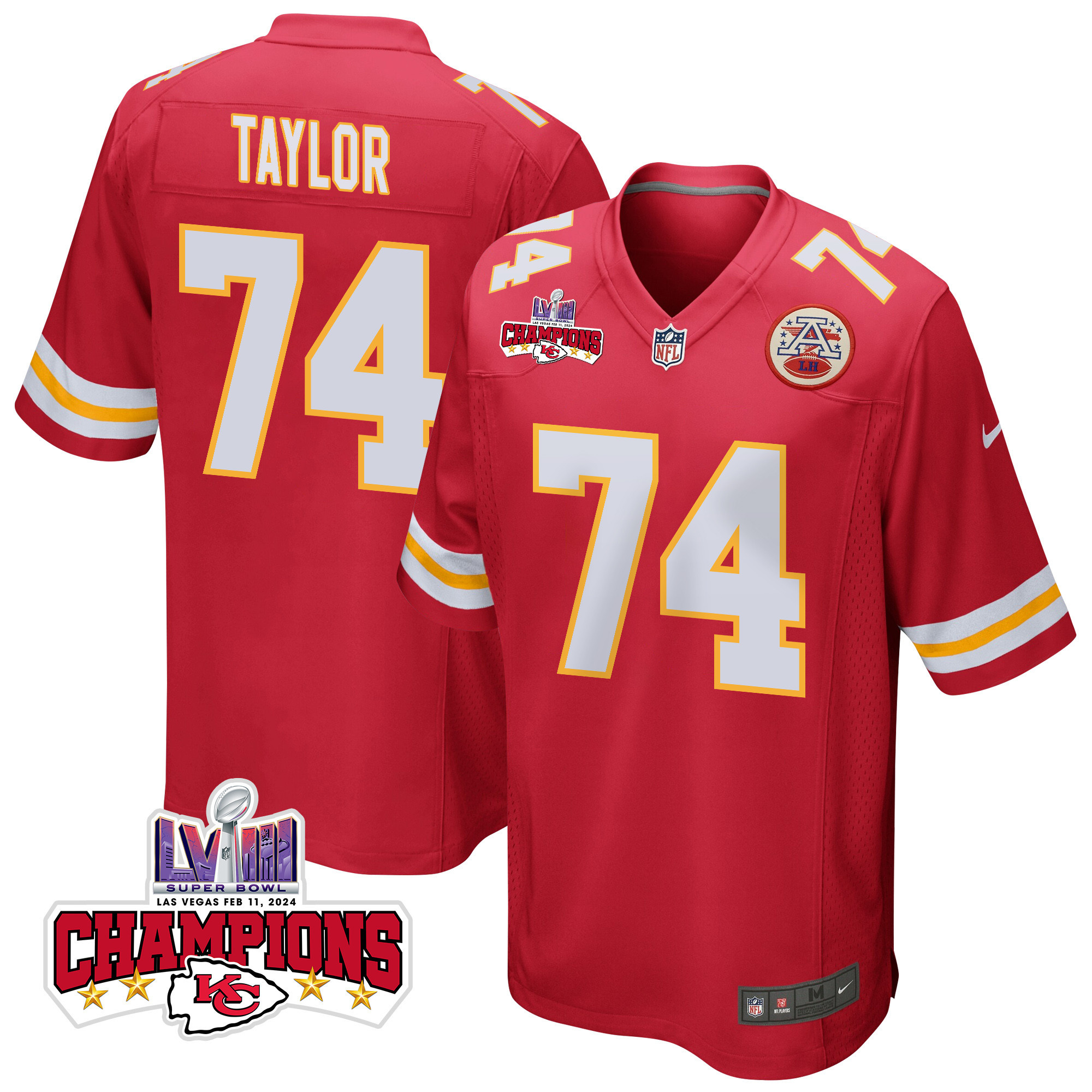 Jawaan Taylor 74 Kansas City Chiefs Super Bowl LVIII Champions 4 Stars Patch Game Red NFL Jersey Men's