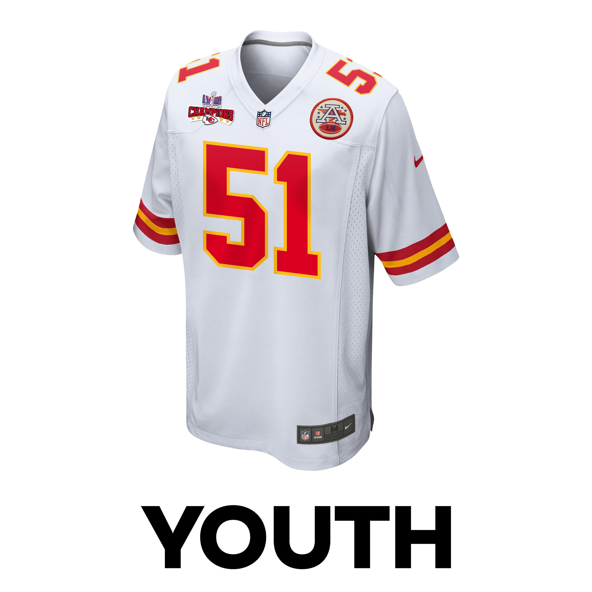 Mike Danna 51 Kansas City Chiefs Super Bowl LVIII Champions 4 Stars Patch Game White NFL Jersey Youth