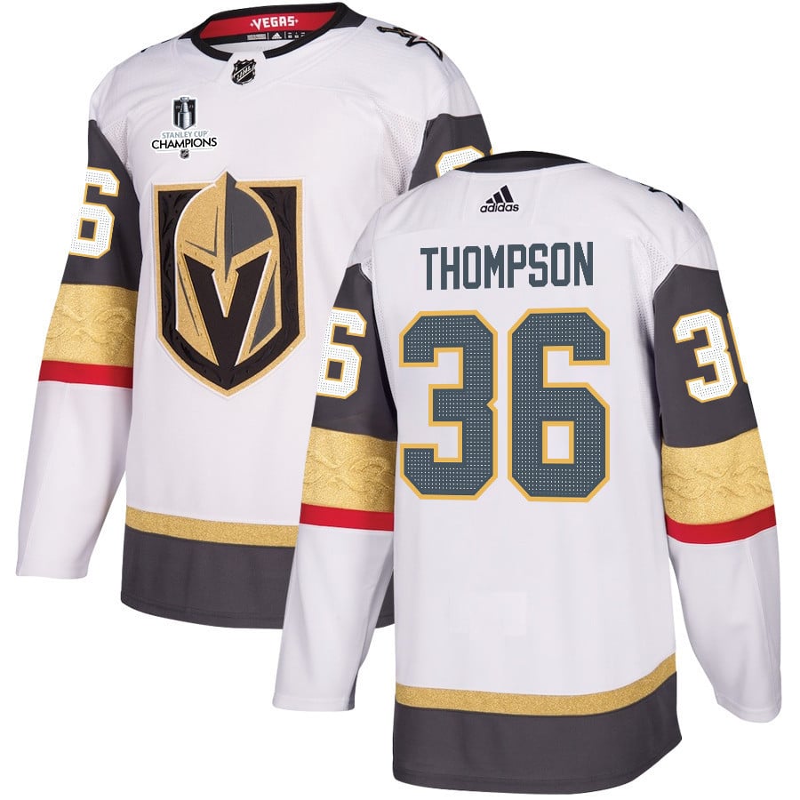 Logan Thompson 36 Vegas Golden Knights Stanley Cup 2023 Champions Patch Away Breakaway White NHL Jersey Men's