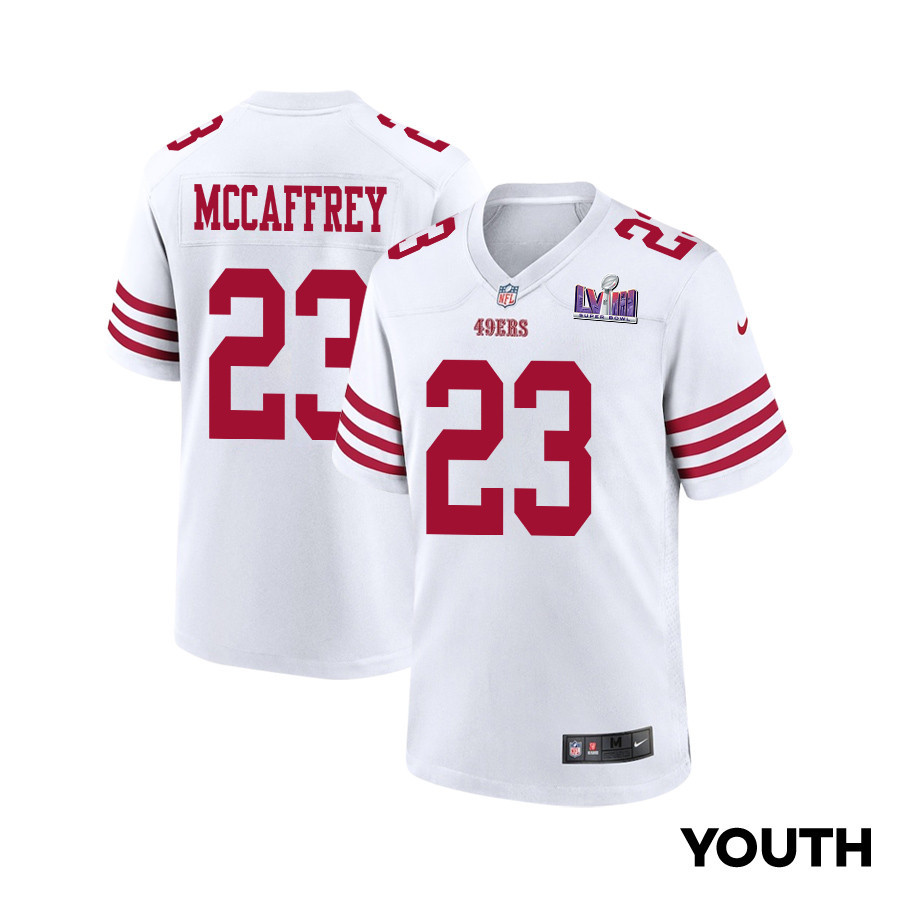 Christian McCaffrey 23 San Francisco 49ers Super Bowl LVIII Patch Game White NFL Jersey Youth