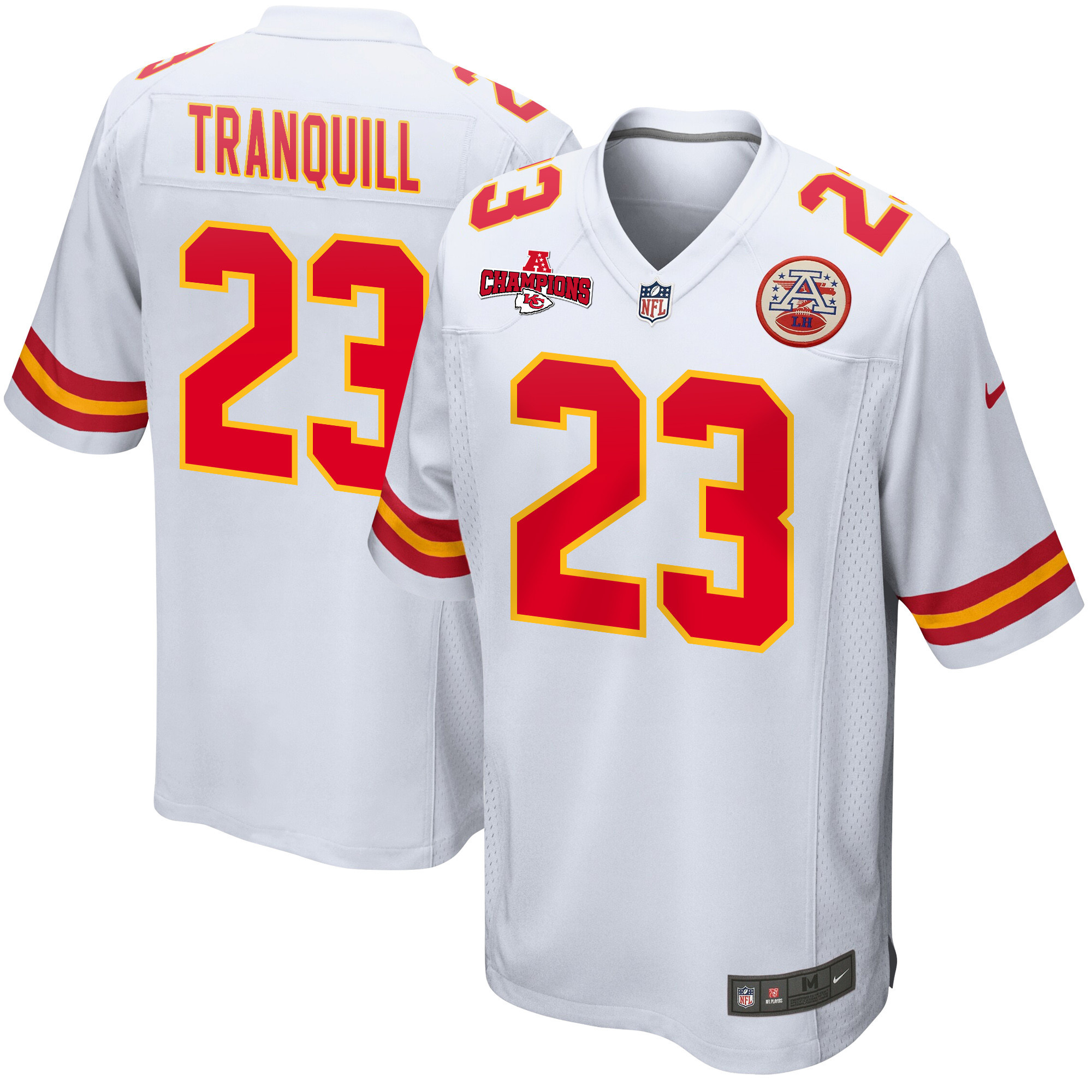 Drue Tranquill 23 Kansas City Chiefs AFC Champions Patch Game White NFL Jersey Men's