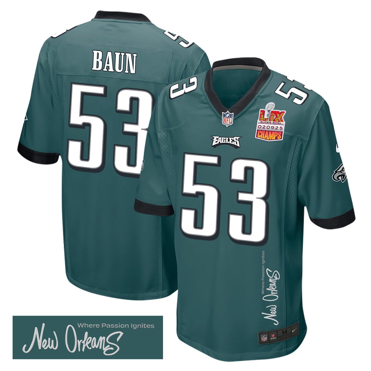 Zack Baun 53 Philadelphia Eagles Super Bowl LIX Champions Patch New Orleans Where Passion Ignites' EMBROIDERED Game Midnight Green NFL Jersey Men's