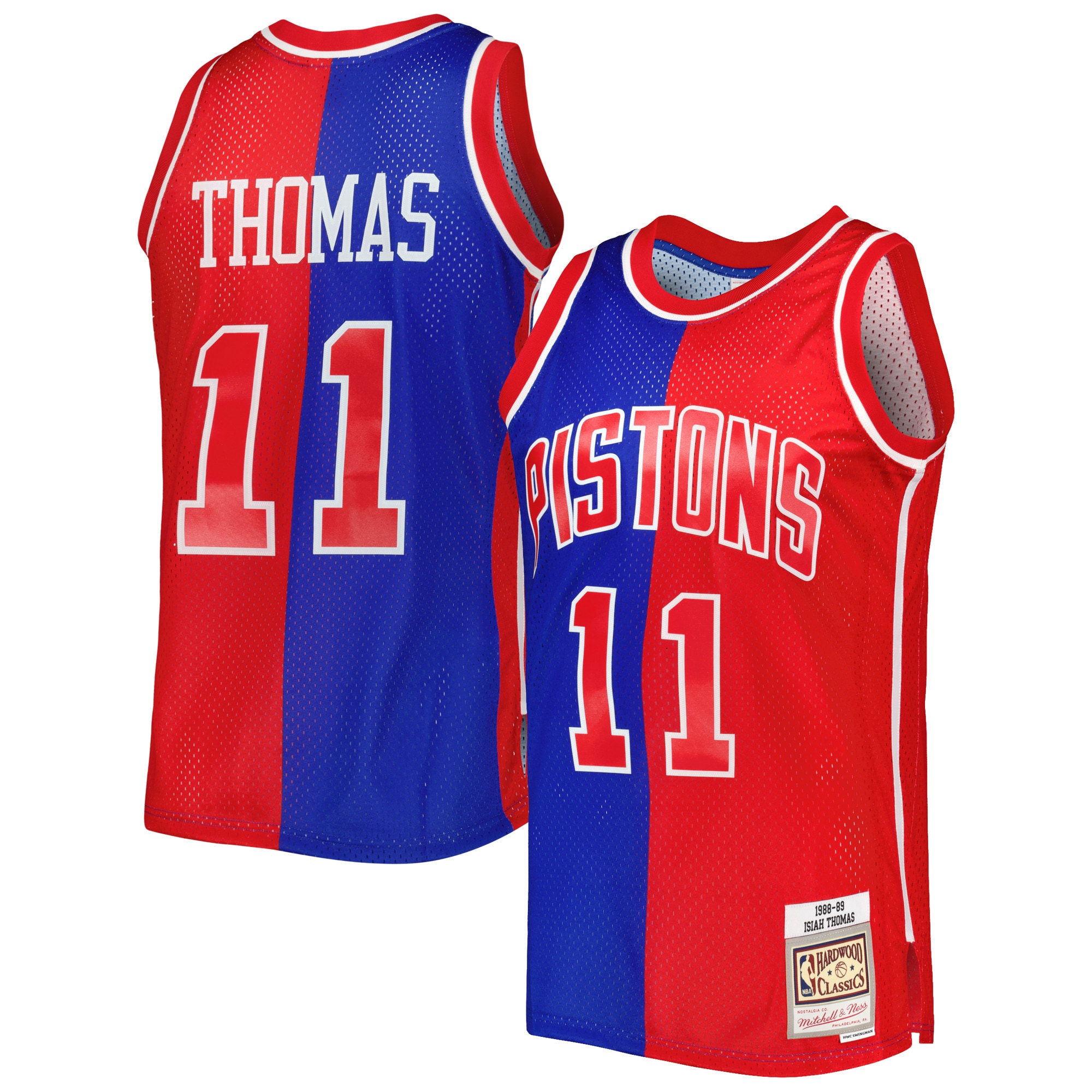 Mitchell Ness Isiah Thomas Blue/Red Detroit Pistons Hardwood Classics 1988/89 Split Swingman NBA Jersey Men's