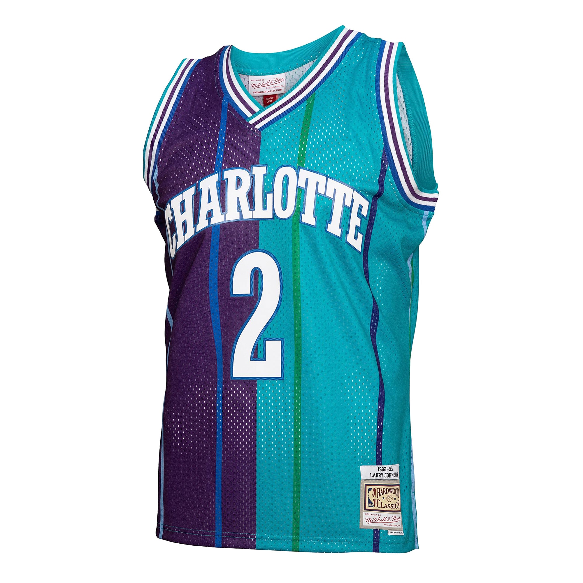 Mitchell Ness Larry Johnson Teal/Purple Charlotte Hornets Hardwood Classics 1992/93 Split Swingman NBA Jersey Men's