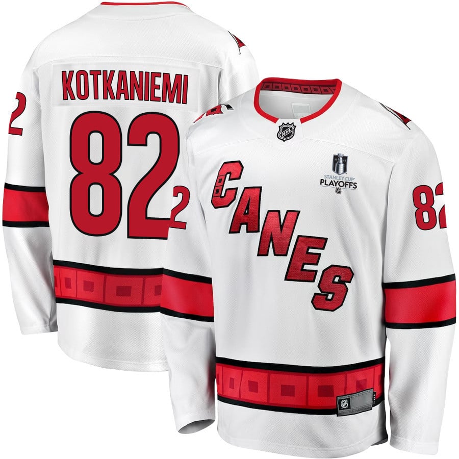 Jesperi Kotkaniemi 82 Carolina Hurricanes Stanley Cup 2023 Playoffs Patch Away Breakaway White NHL Jersey Men's