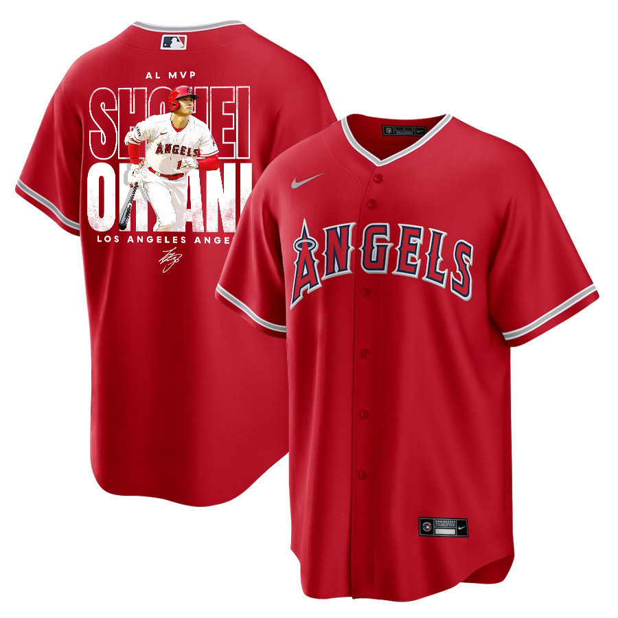 Shohei Ohtani 17 Los Angeles Angels Signed Name 2023 Alternate Player Red MLB Jersey Men's