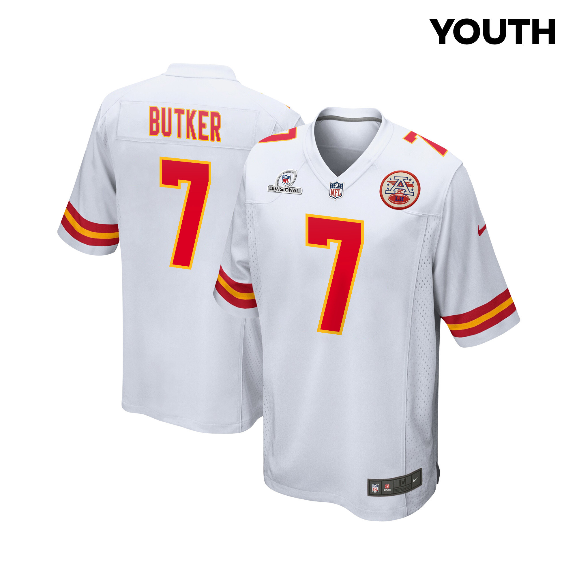 Harrison Butker 7 Kansas City Chiefs Super Bowl LVIII Patch Game White NFL Jersey Youth
