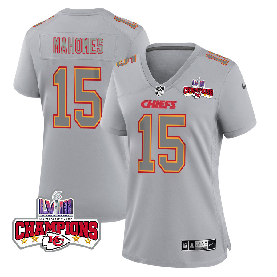 Patrick Mahomes 15 Kansas City Chiefs Super Bowl LVIII Champions 4 Stars Patch Atmosphere Fashion Game Gray NFL Jersey Women's