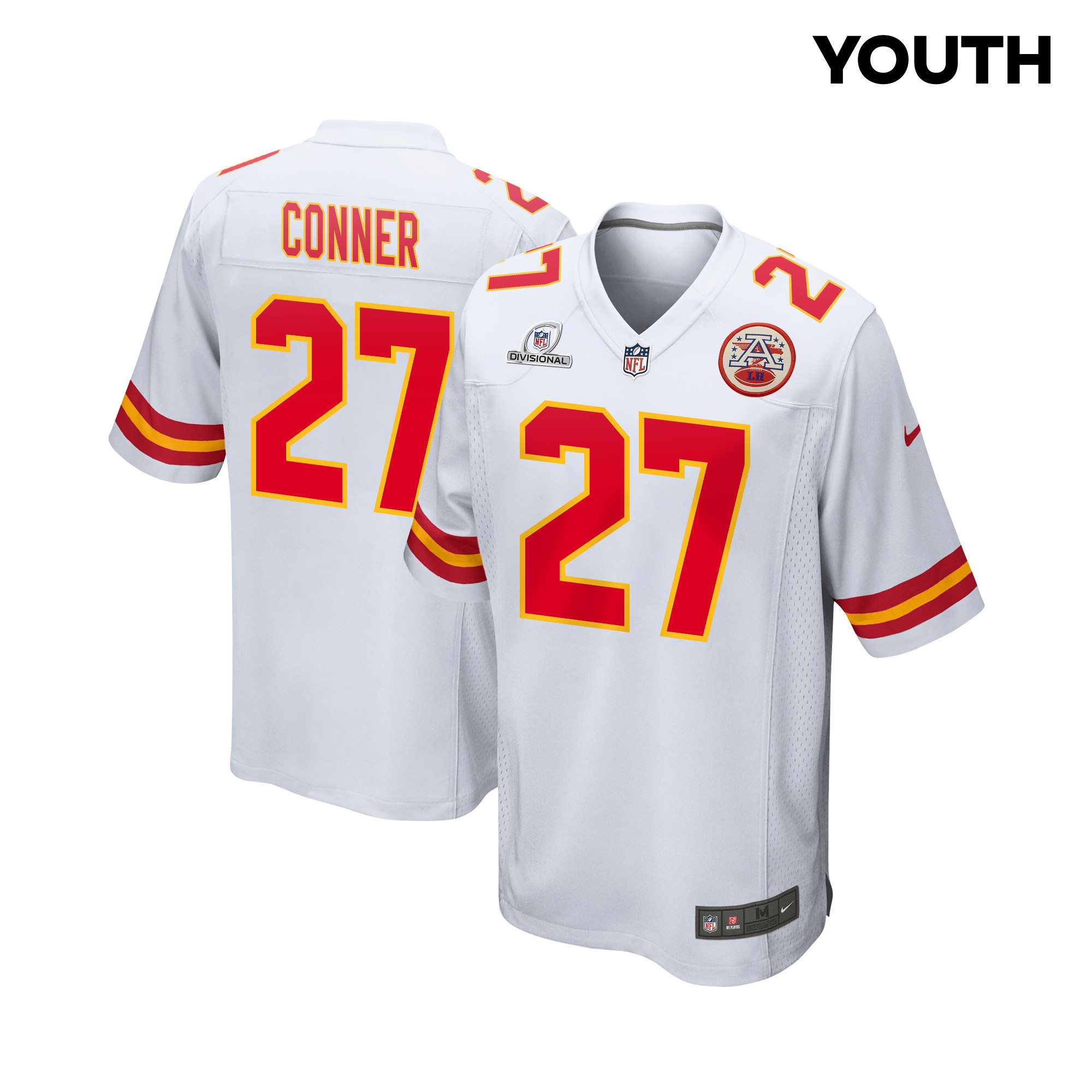 Chamarri Conner 27 Kansas City Chiefs Super Bowl LVIII Patch Game White NFL Jersey Youth