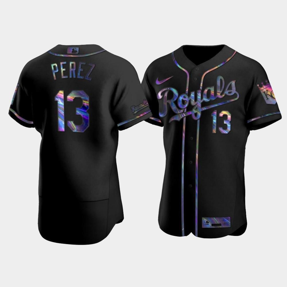 Kansas City Royals Salvador Perez 13 Black Golden Edition Holographic MLB Jersey Men's