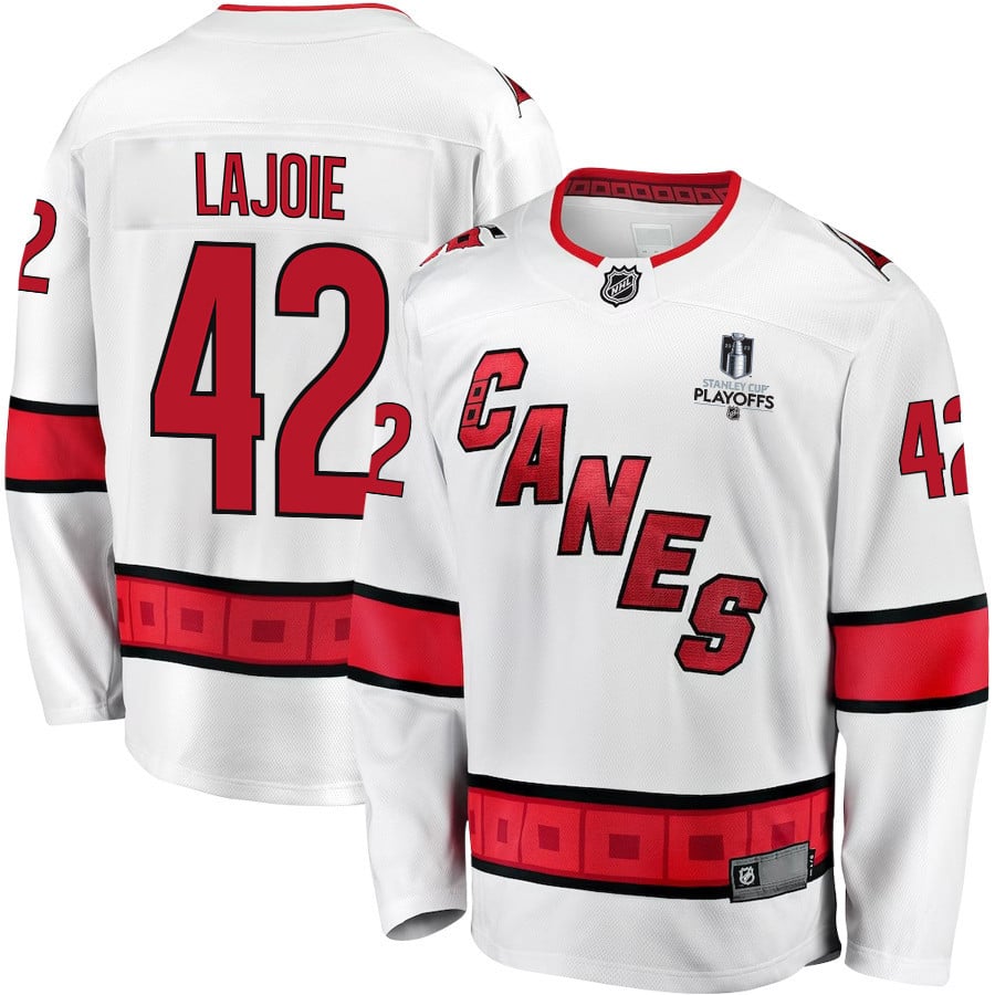 Maxime Lajoie 42 Carolina Hurricanes Stanley Cup 2023 Playoffs Patch Away Breakaway White NHL Jersey Men's