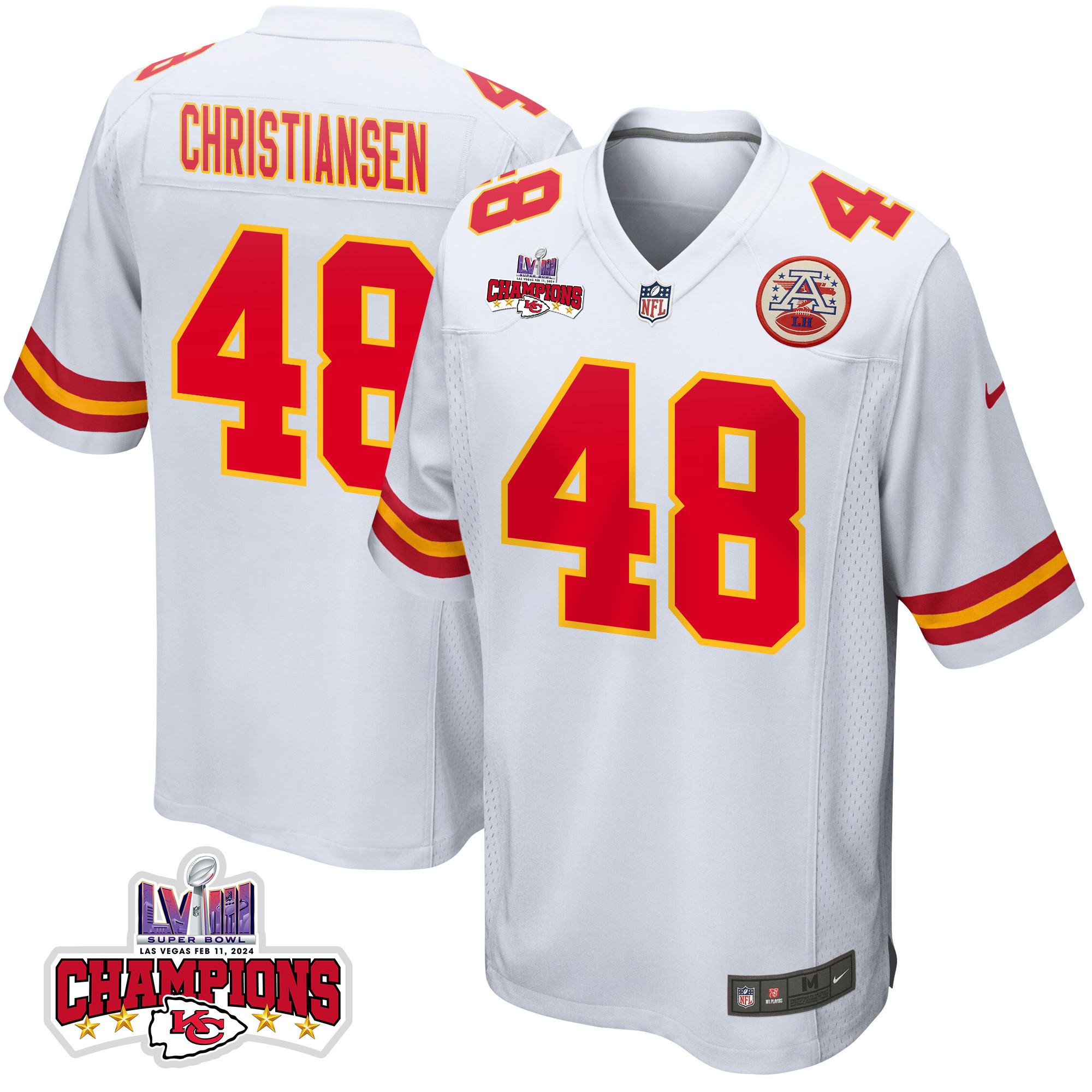 Cole Christiansen 48 Kansas City Chiefs Super Bowl LVIII Champions 4 Stars Patch Game White NFL Jersey Men's