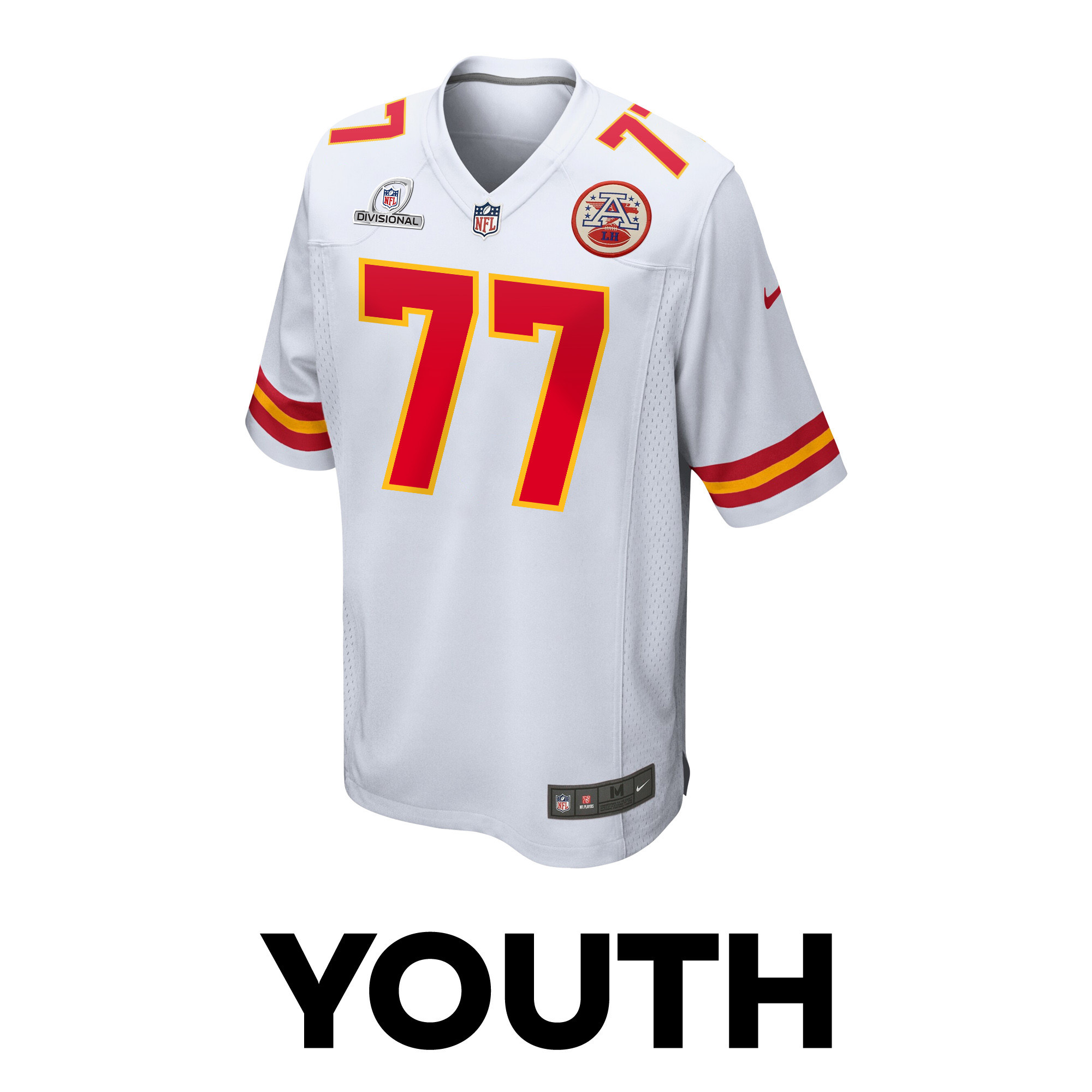 Lucas Niang 77 Kansas City Chiefs Super Bowl LVIII Patch Game White NFL Jersey Youth