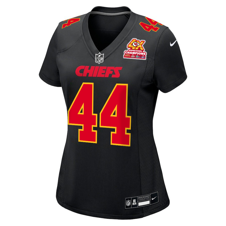 Cam Jones 44 Kansas City Chiefs Super Bowl LVIII Champions 4X Fashion Game Carbon Black NFL Jersey Women's