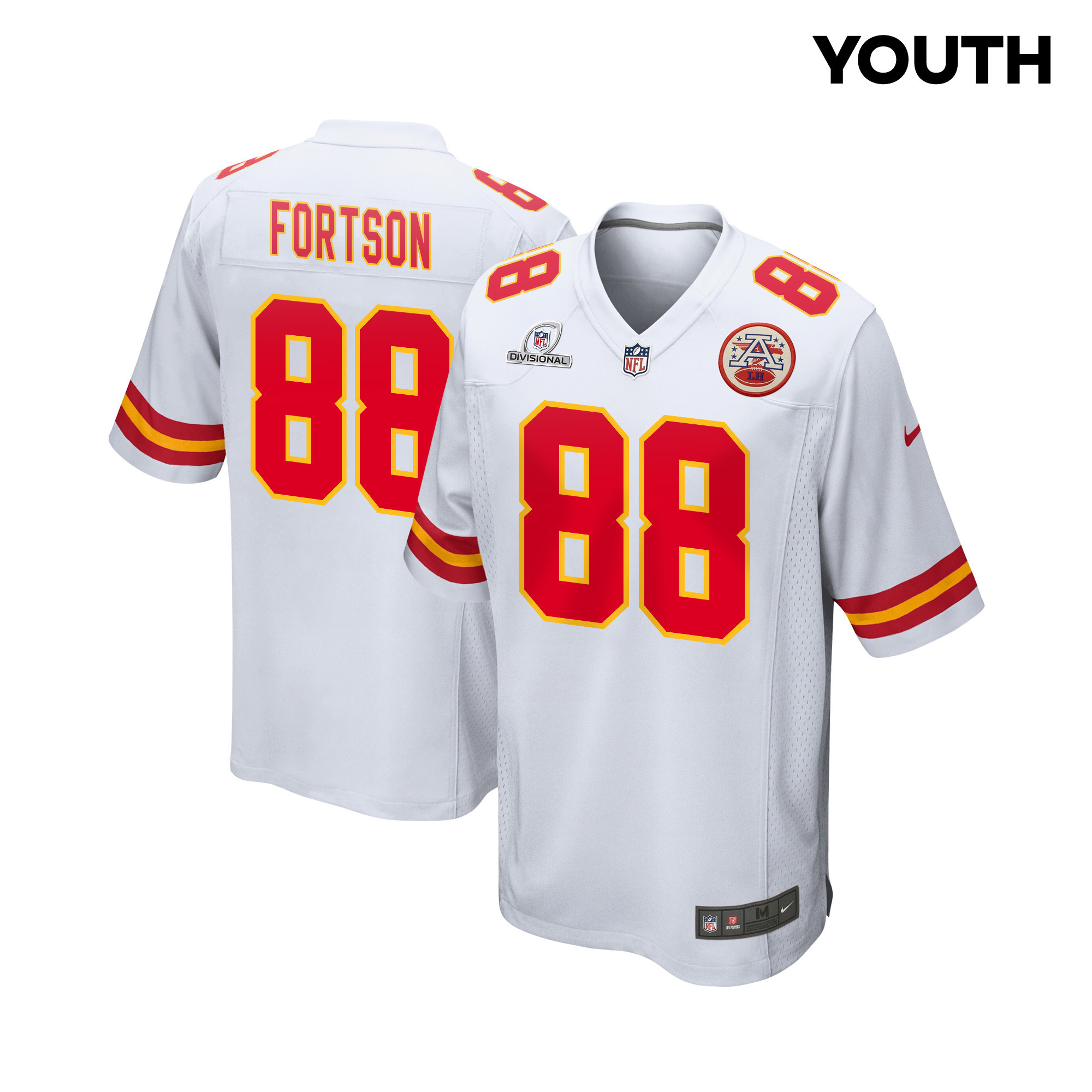 Jody Fortson 88 Kansas City Chiefs Super Bowl LVIII Patch Game White NFL Jersey Youth