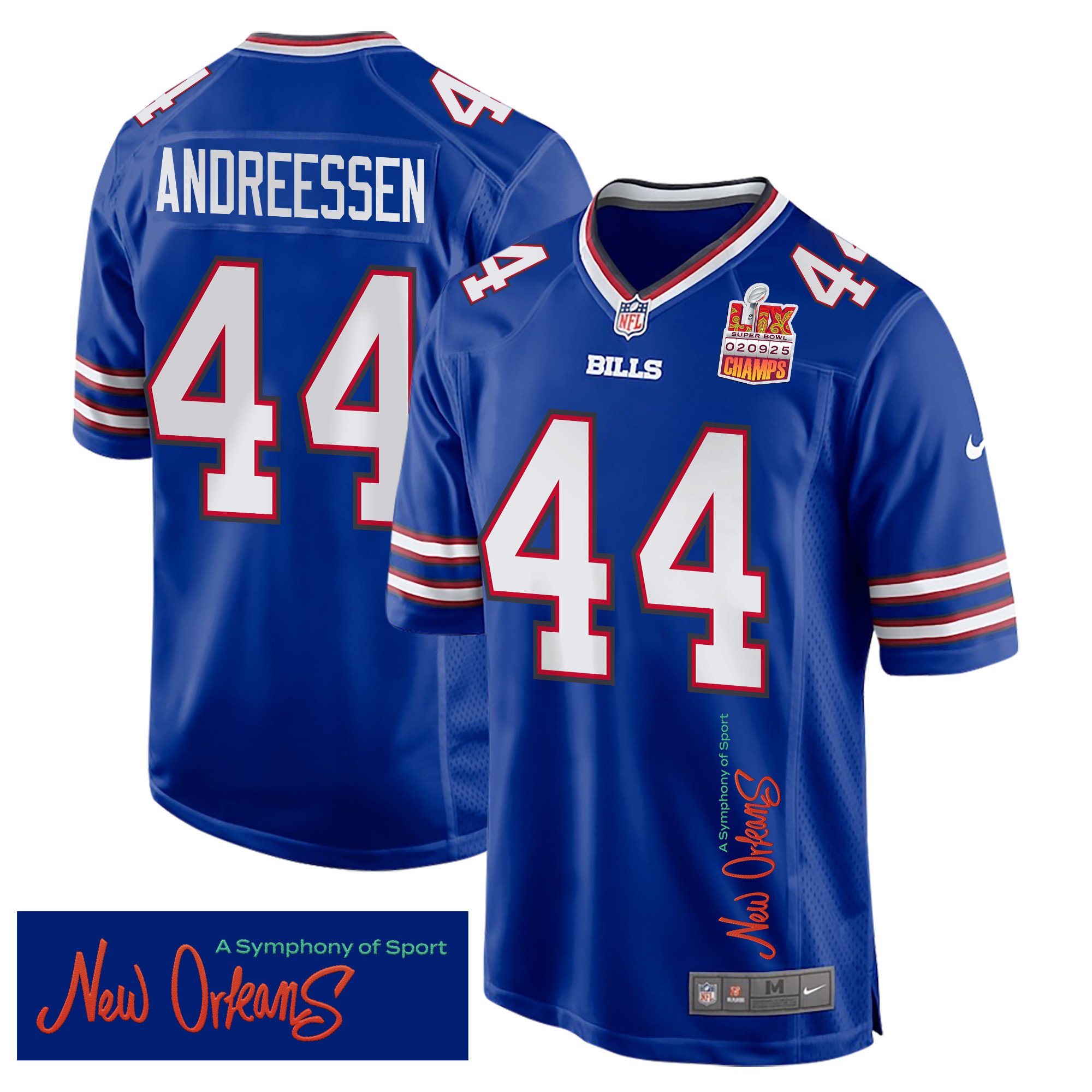 Joe Andreessen 44 Buffalo Bills Super Bowl LIX Champions Patch New Orleans A Symphony of Sport' EMBROIDERED Game Royal NFL Jersey Men's
