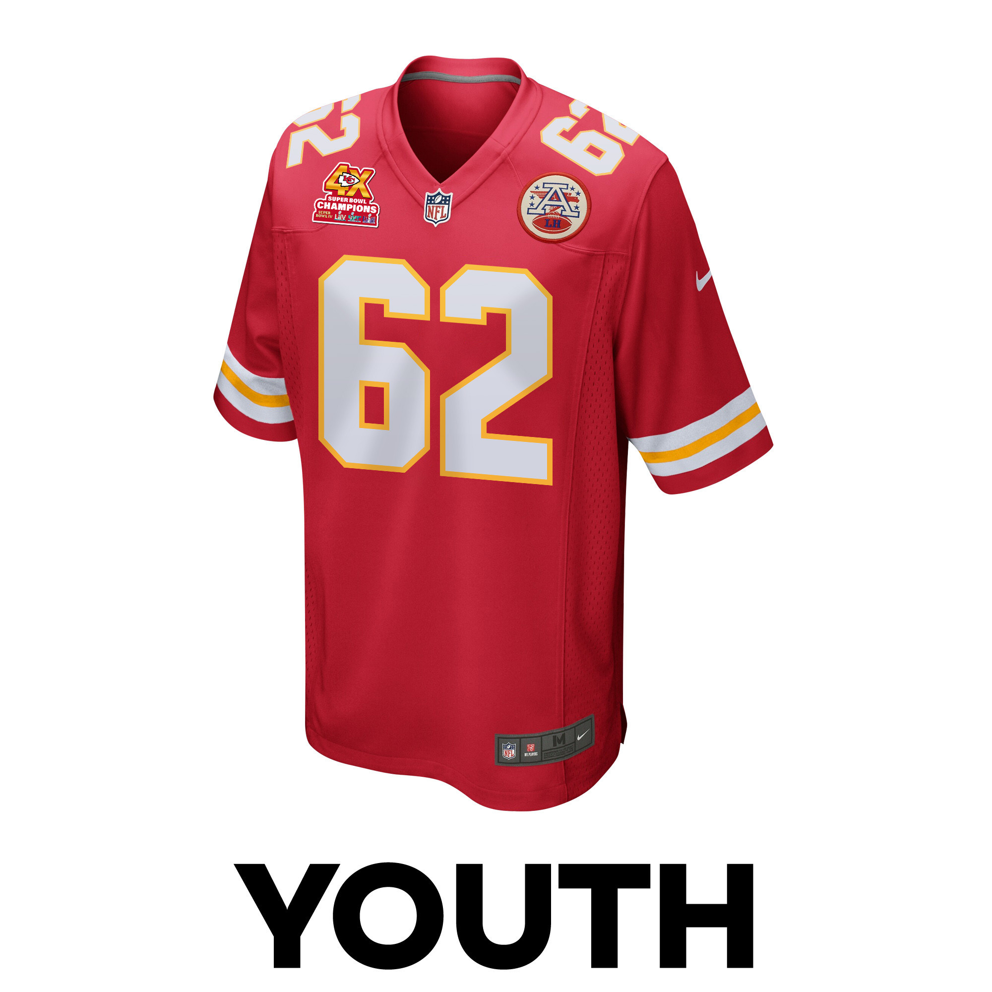 Joe Thuney 62 Kansas City Chiefs Super Bowl LVIII Champions 4X Game Red NFL Jersey Youth