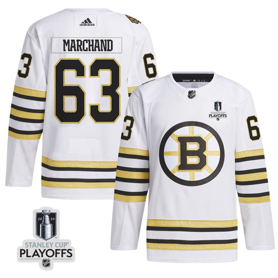 Brad Marchand 63 Boston Bruins 2024 Playoffs Patch Away White NHL Jersey Men's