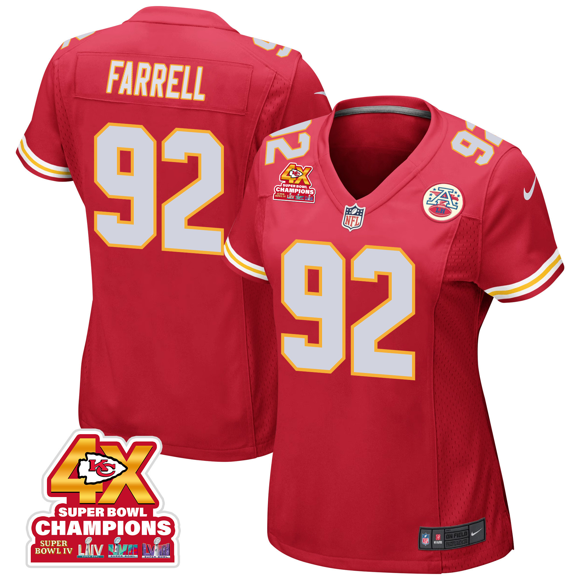 Neil Farrell 92 Kansas City Chiefs Super Bowl LVIII Champions 4X Game Red NFL Jersey Women's