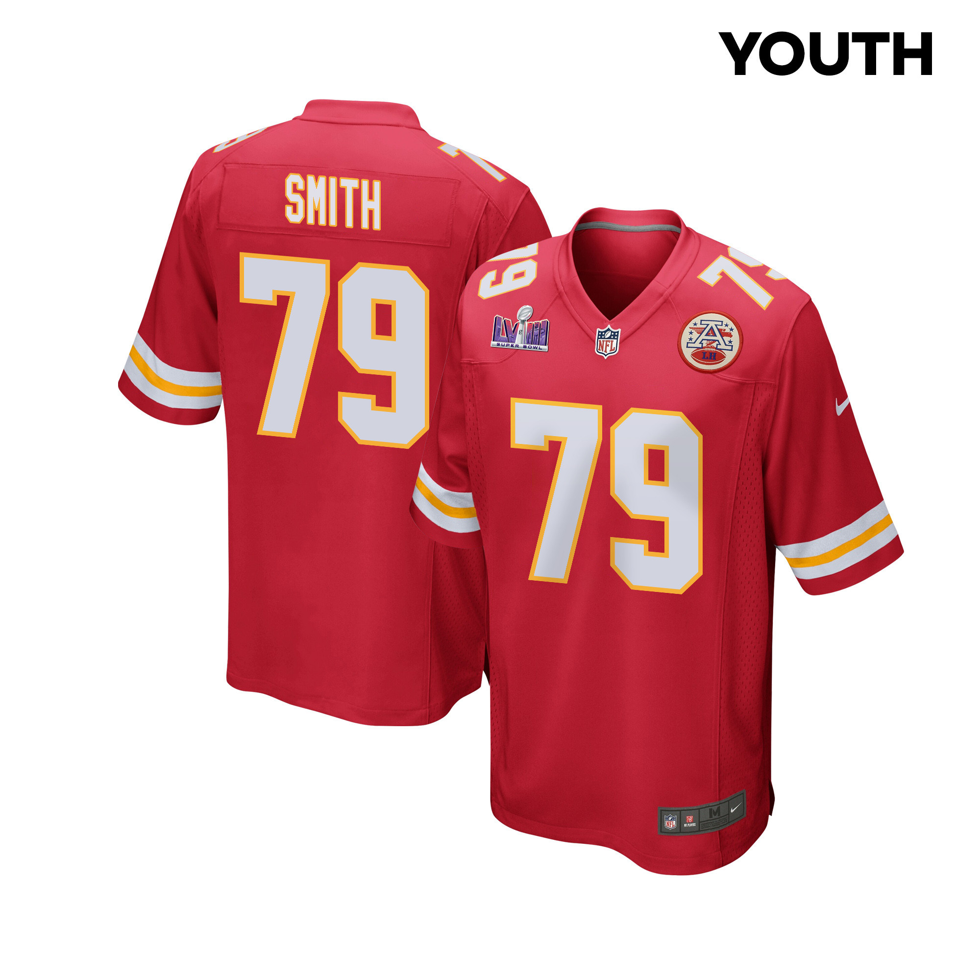 Donovan Smith 79 Kansas City Chiefs Super Bowl LVIII Patch Game Red NFL Jersey Youth
