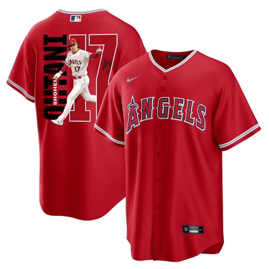 Shohei Ohtani 17 Los Angeles Angels Signed Run 2023 Alternate Player Red MLB Jersey Men's