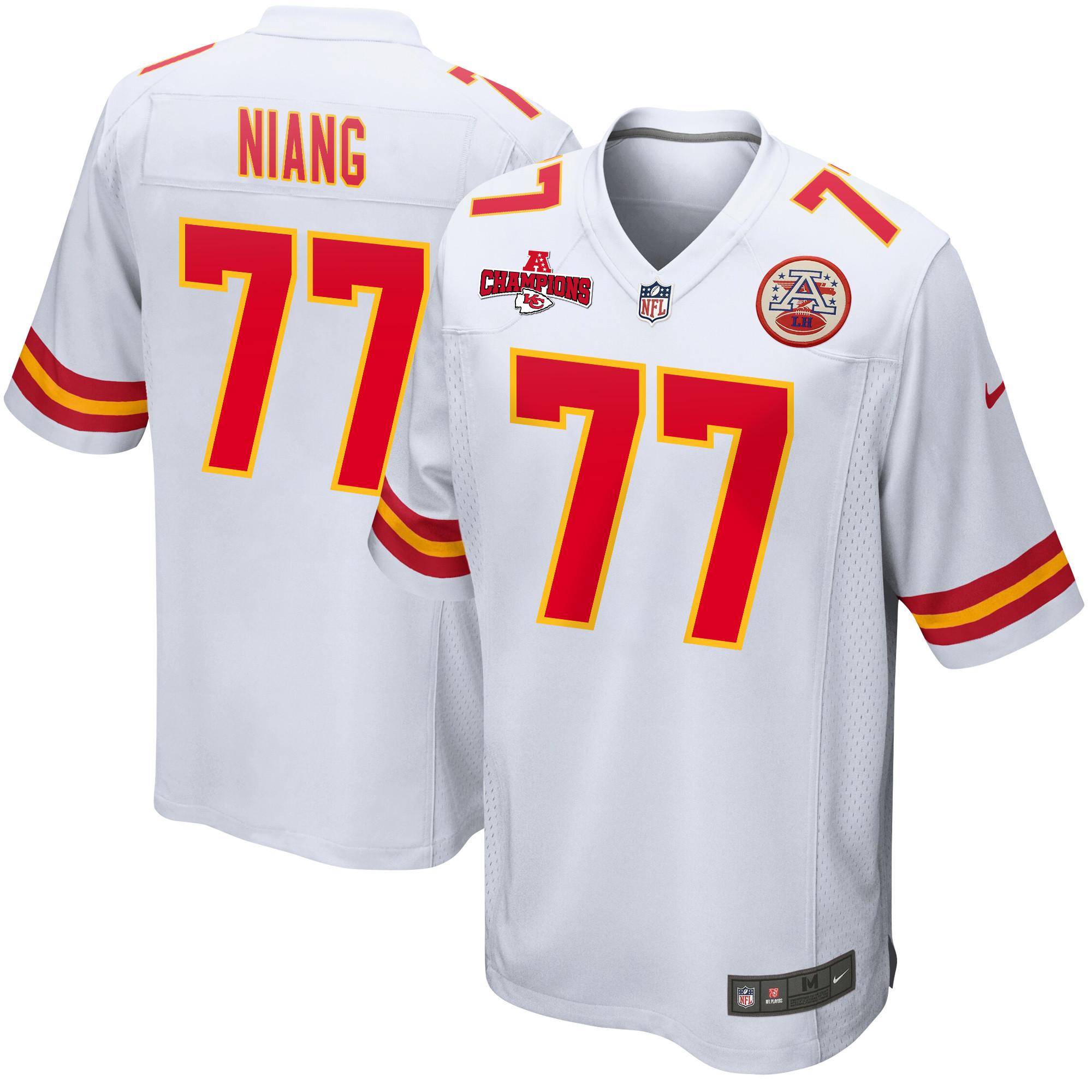 Lucas Niang 77 Kansas City Chiefs AFC Champions Patch Game White NFL Jersey Men's