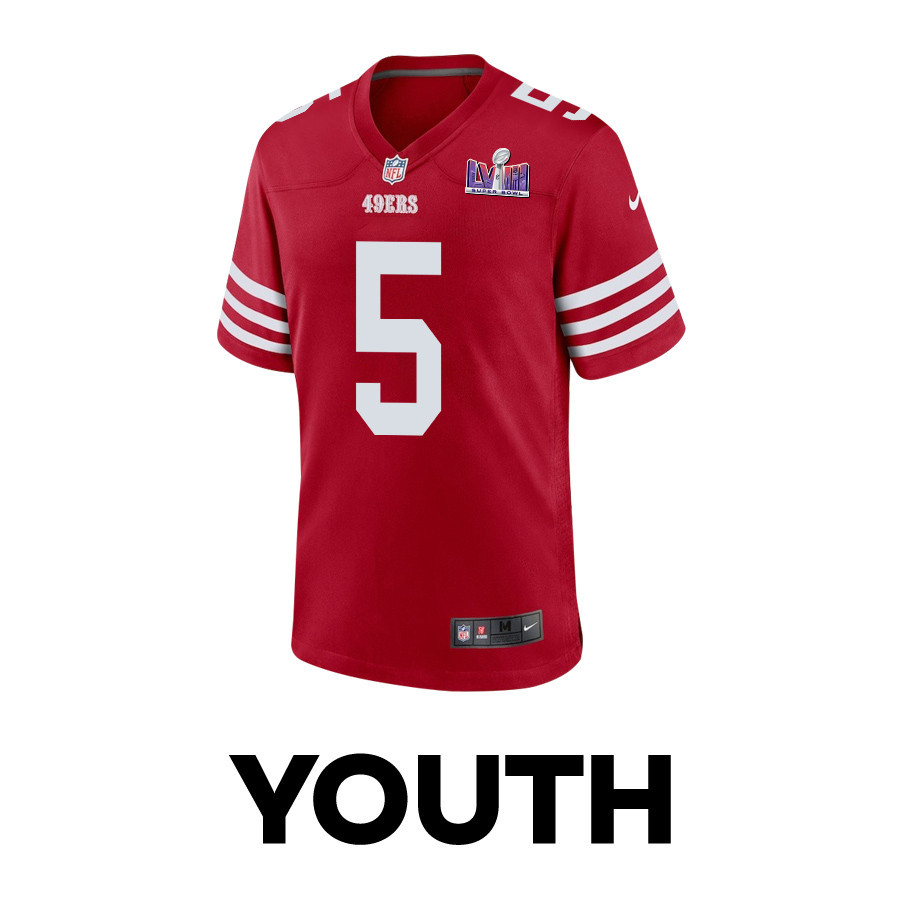 Randy Gregory 5 San Francisco 49ers Super Bowl LVIII Patch Game Scarlet NFL Jersey Youth
