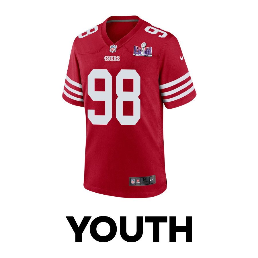 Javon Hargrave 98 San Francisco 49ers Super Bowl LVIII Patch Game Scarlet NFL Jersey Youth