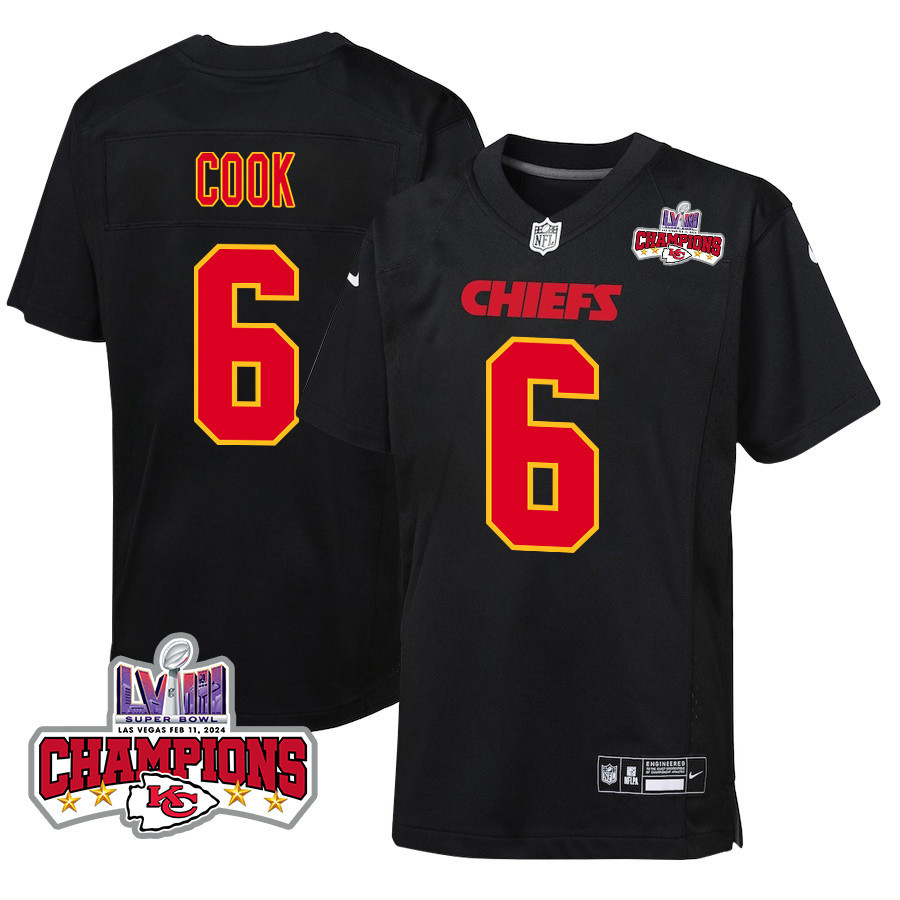 Bryan Cook 6 Kansas City Chiefs Super Bowl LVIII Champions 4 Stars Patch Fashion Game Carbon Black NFL Jersey Youth