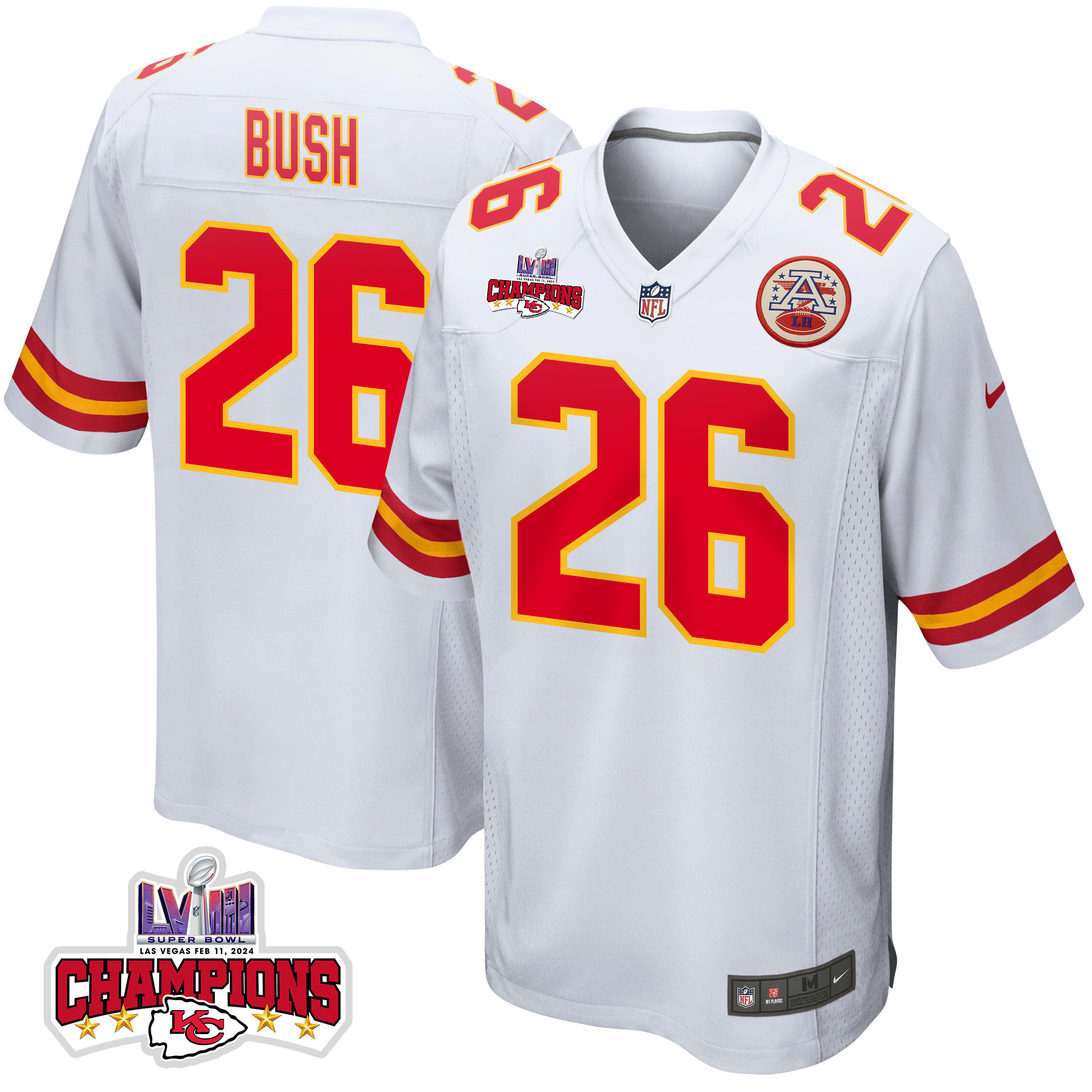 Deon Bush 26 Kansas City Chiefs Super Bowl LVIII Champions 4 Stars Patch Game White NFL Jersey Men's