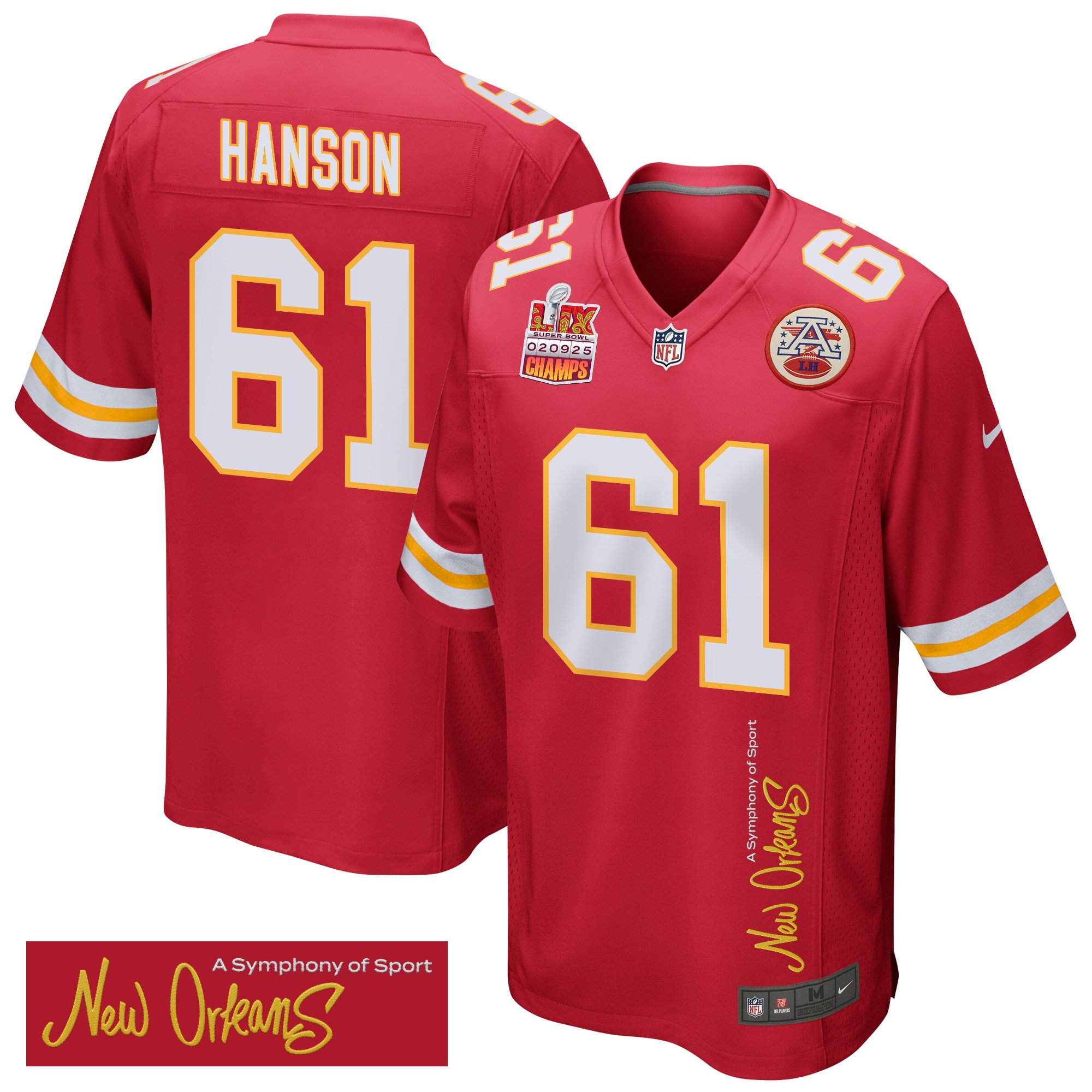 C.J. Hanson 61 Kansas City Chiefs Super Bowl LIX Champions Patch New Orleans A Symphony of Sport' EMBROIDERED Game Red NFL Jersey Men's
