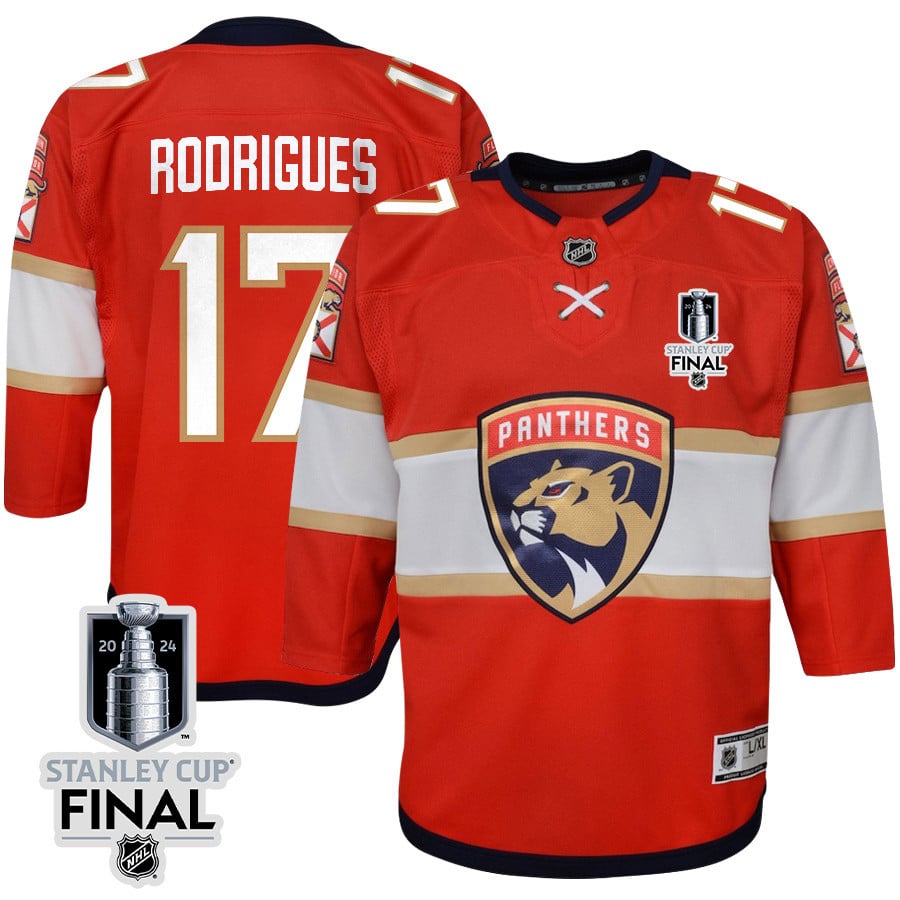 Evan Rodrigues 17 Florida Panthers 2024 STANLEY CUP Final Home Breakaway Red NHL Jersey Youth