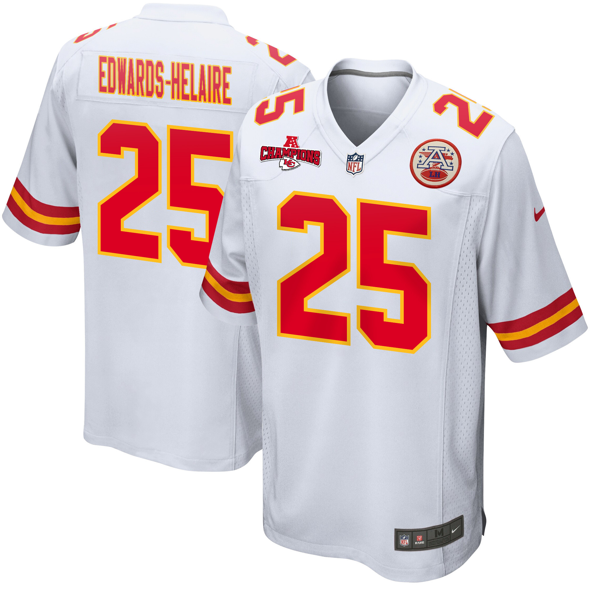Clyde Edwards-Helaire 25 Kansas City Chiefs AFC Champions Patch Game White NFL Jersey Men's