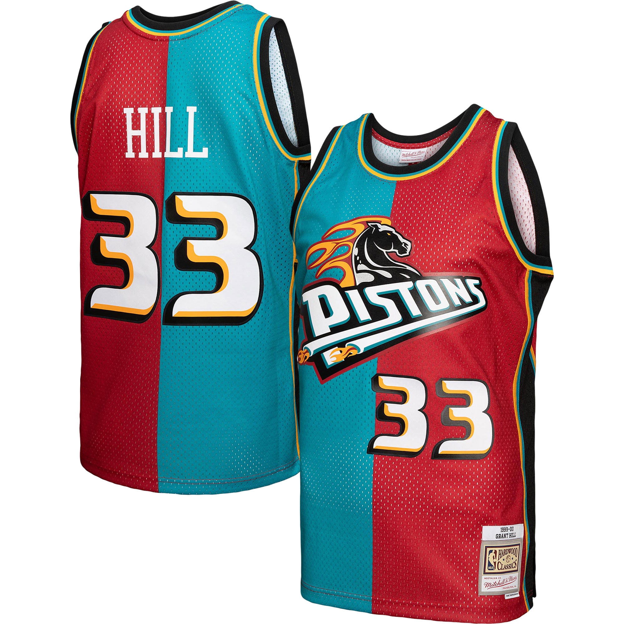 Mitchell Ness Grant Hill Teal/Red Detroit Pistons Hardwood Classics 1999/00 Split Swingman NBA Jersey Men's