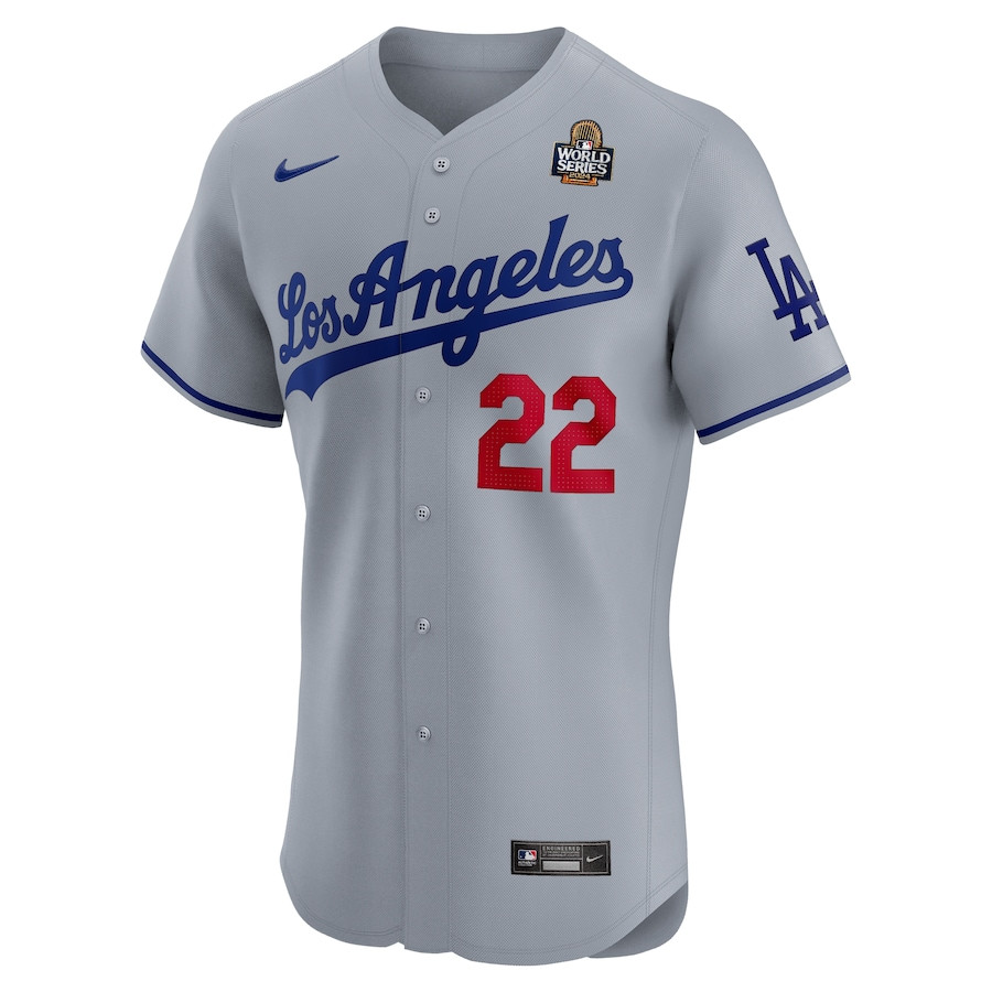 Clayton Kershaw 22 Los Angeles Dodgers 2024 World Series Road Elite Player Gray MLB Jersey Men's