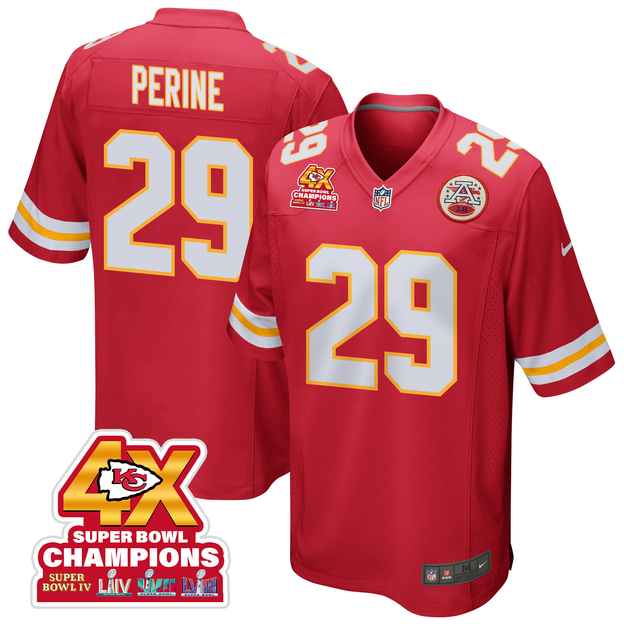La'Mical Perine 29 Kansas City Chiefs Super Bowl LVIII Champions 4X Game Red NFL Jersey Men's