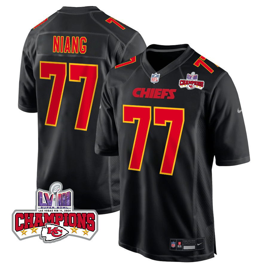 Lucas Niang 77 Kansas City Chiefs Super Bowl LVIII Champions 4 Stars Patch Fashion Game Carbon Black NFL Jersey Men's