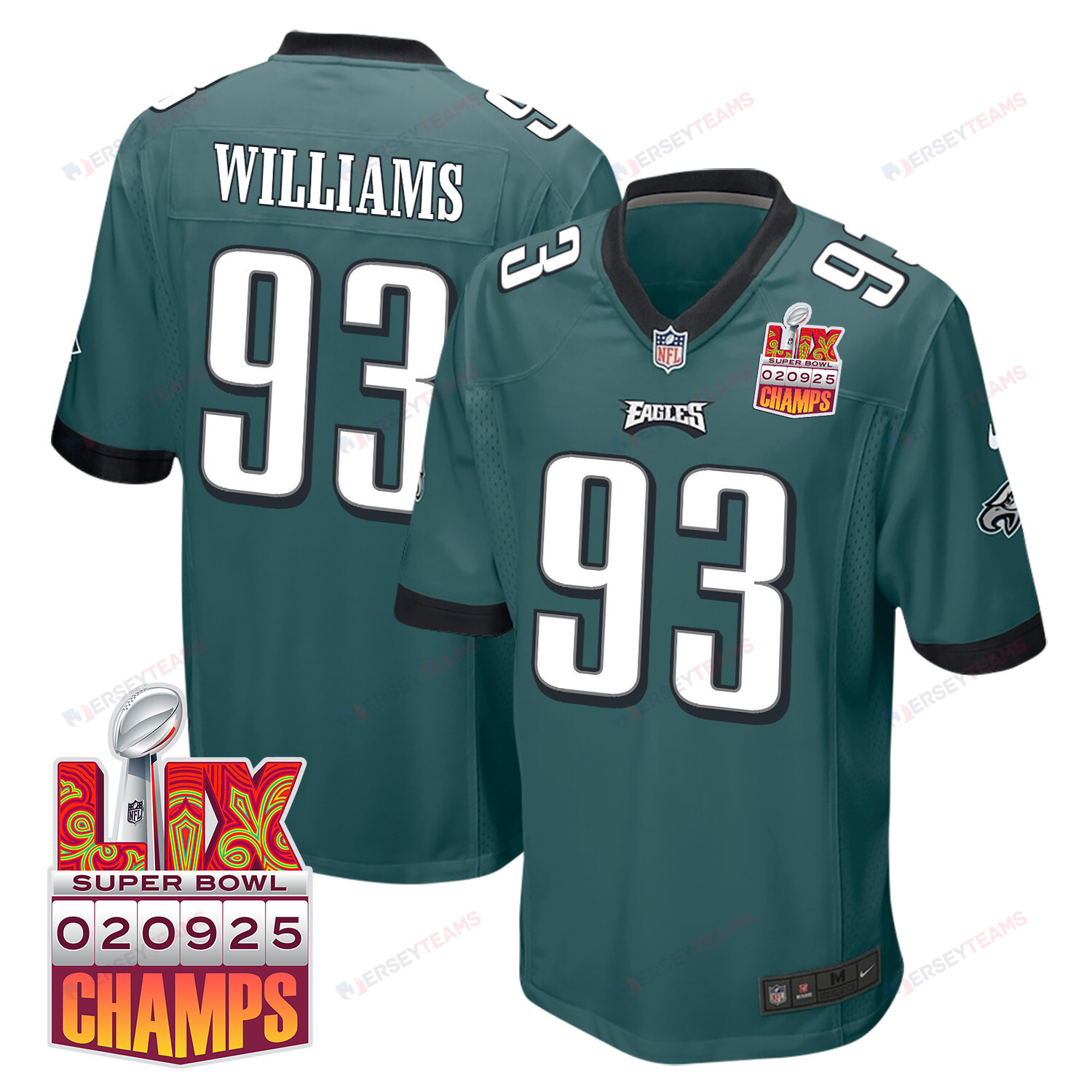 Milton Williams 93 Philadelphia Eagles Super Bowl LIX Champions Patch Game Midnight Green NFL Jersey Men's