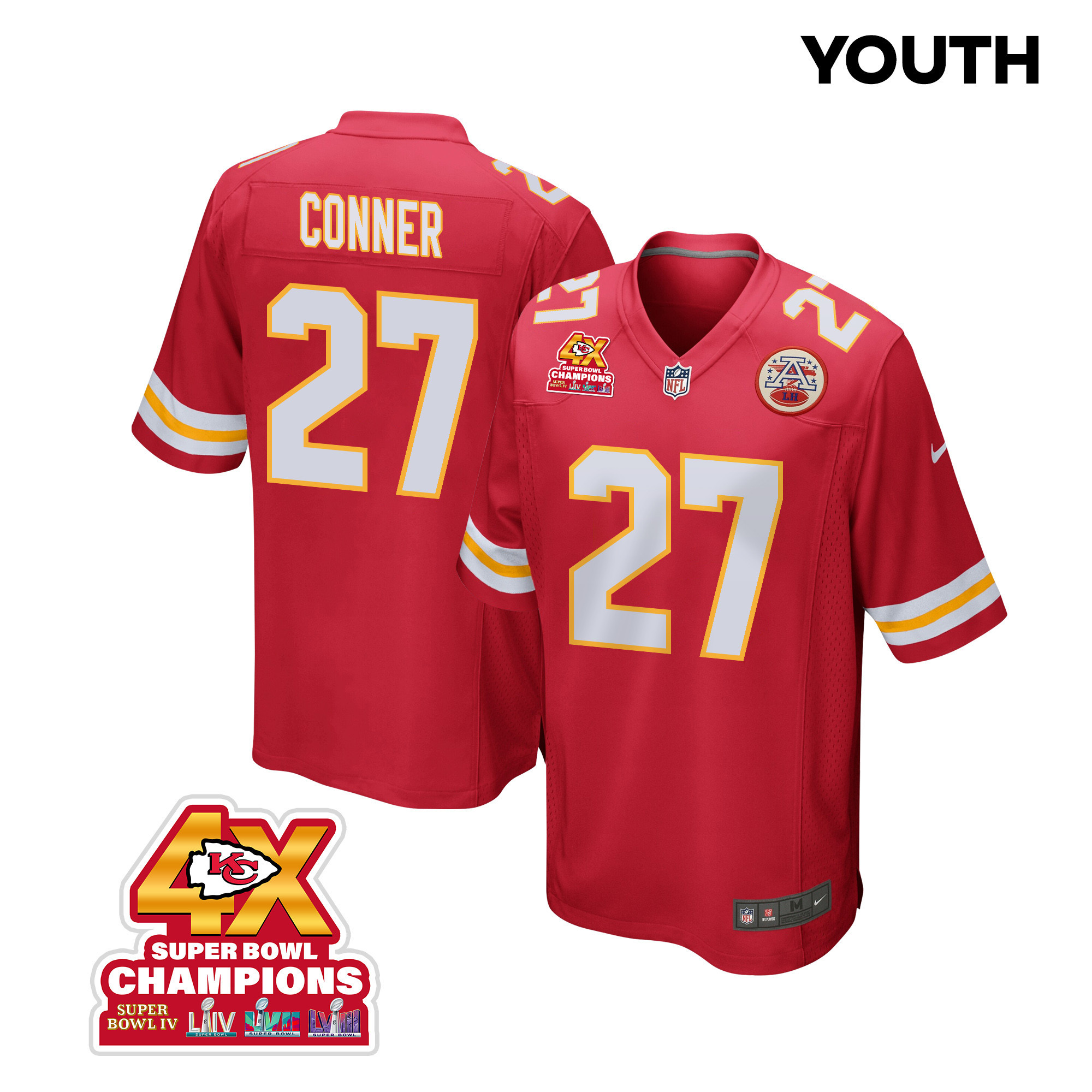 Chamarri Conner 27 Kansas City Chiefs Super Bowl LVIII Champions 4X Game Red NFL Jersey Youth
