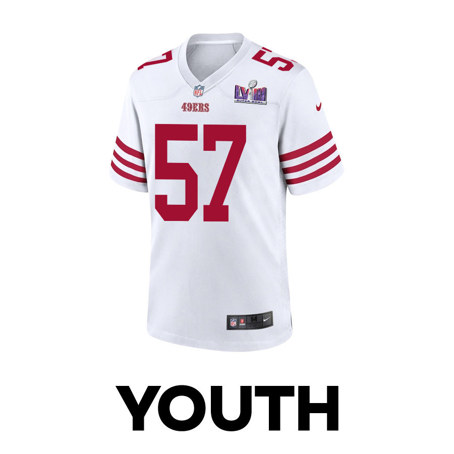 Dre Greenlaw 57 San Francisco 49ers Super Bowl LVIII Patch Game White NFL Jersey Youth