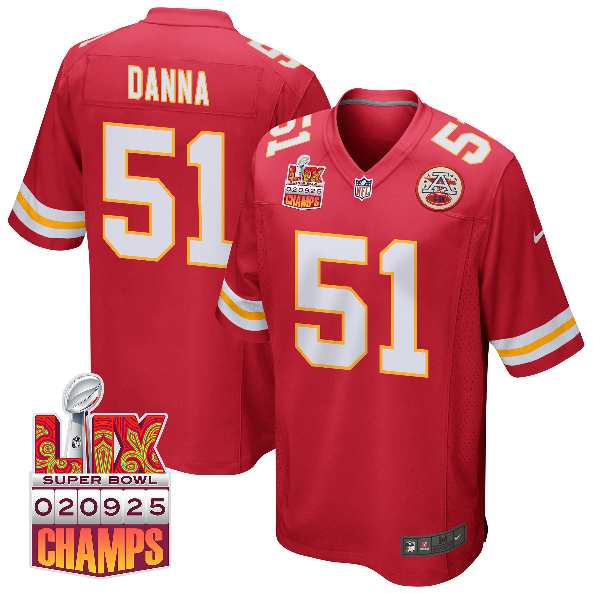 Mike Danna 51 Kansas City Chiefs Super Bowl LIX Champions Patch Game Red NFL Jersey Men's