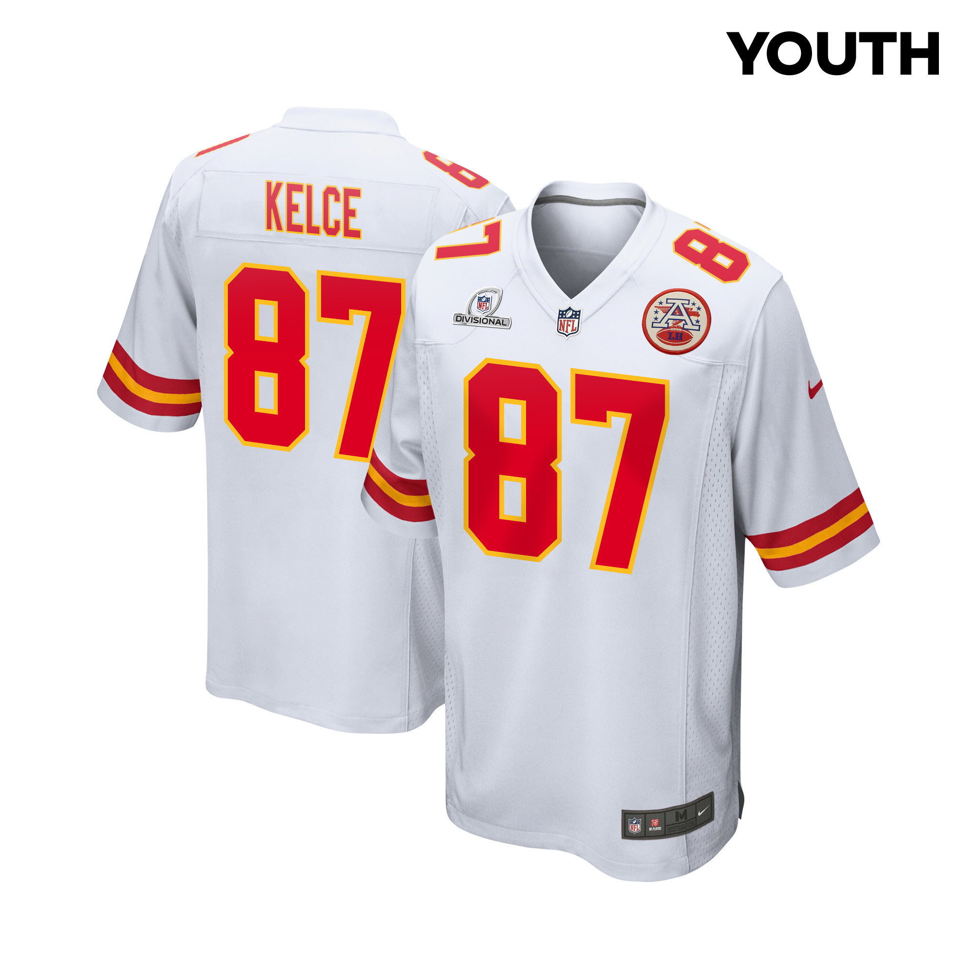 Travis Kelce 87 Kansas City Chiefs Super Bowl LVIII Patch Game White NFL Jersey Youth