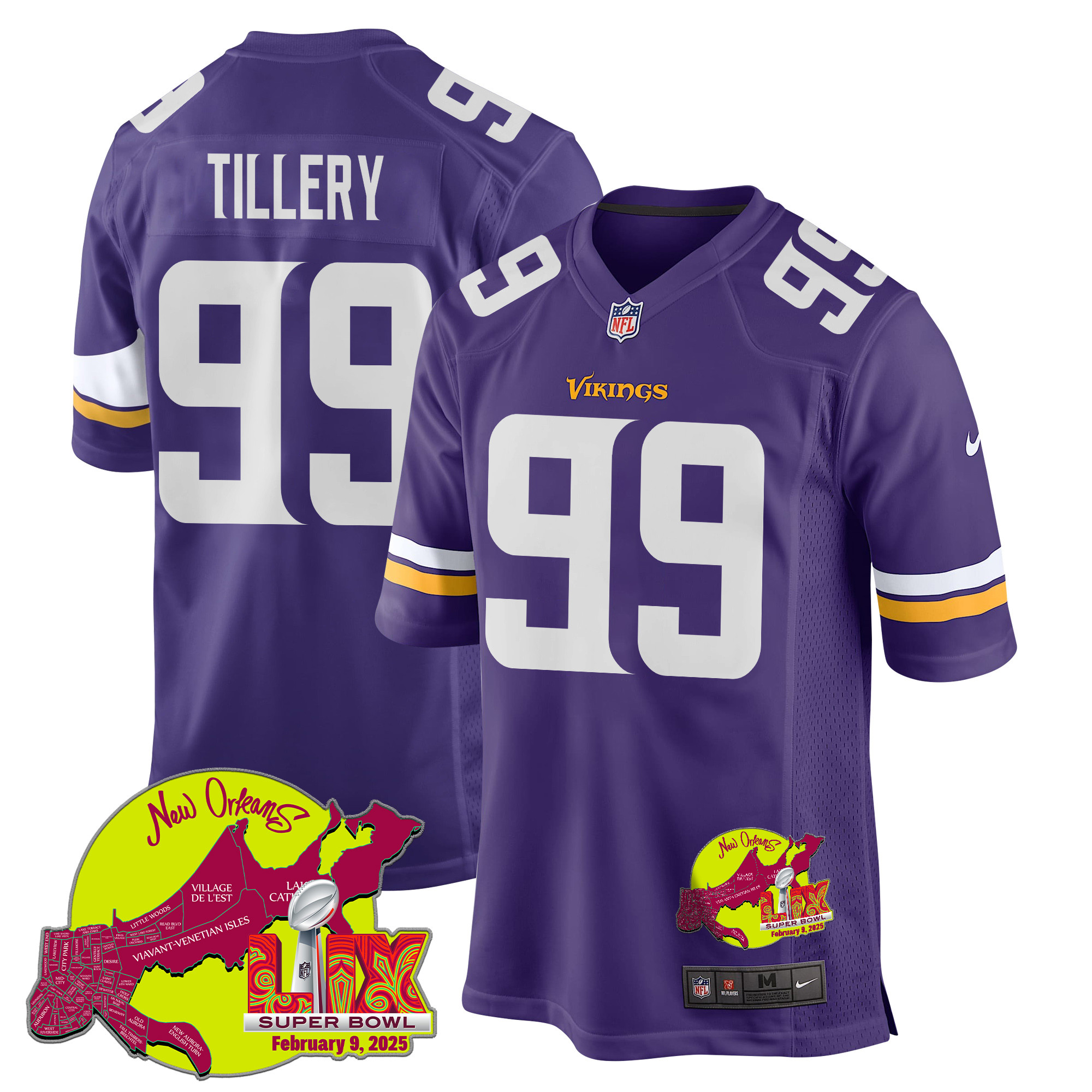 Jerry Tillery 99 Minnesota Vikings Super Bowl LIX New Orleans Patch Game Purple NFL Jersey Men's