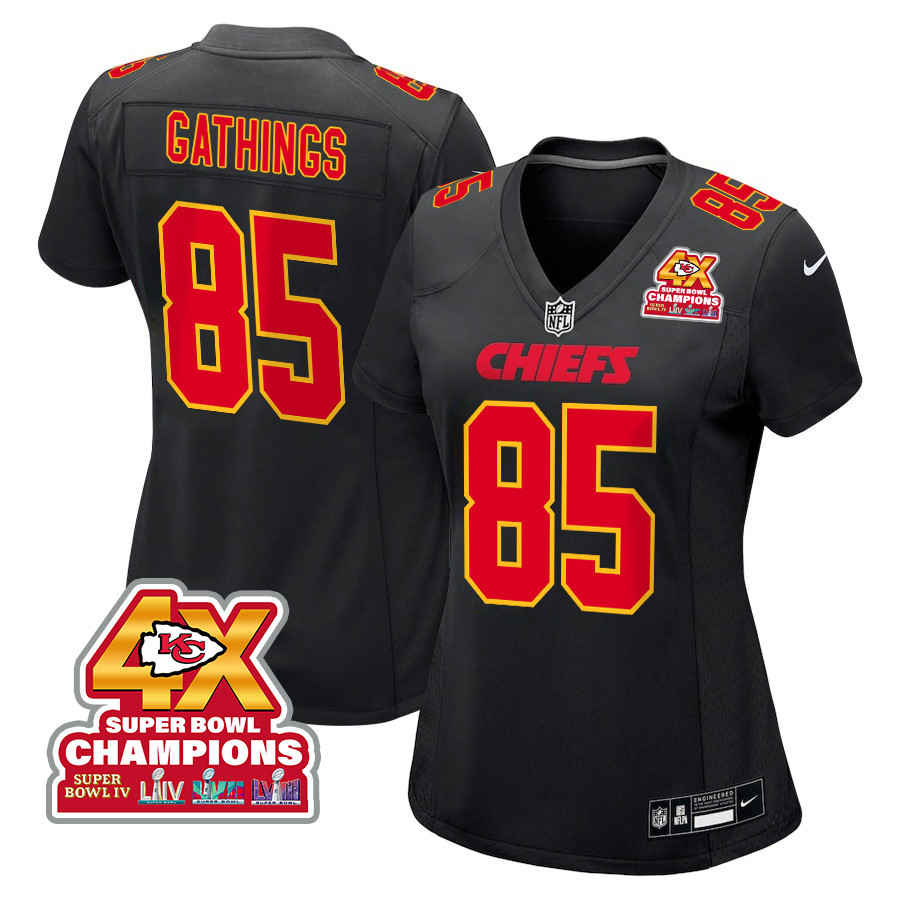 Izaiah Gathings 85 Kansas City Chiefs Super Bowl LVIII Champions 4X Fashion Game Carbon Black NFL Jersey Women's