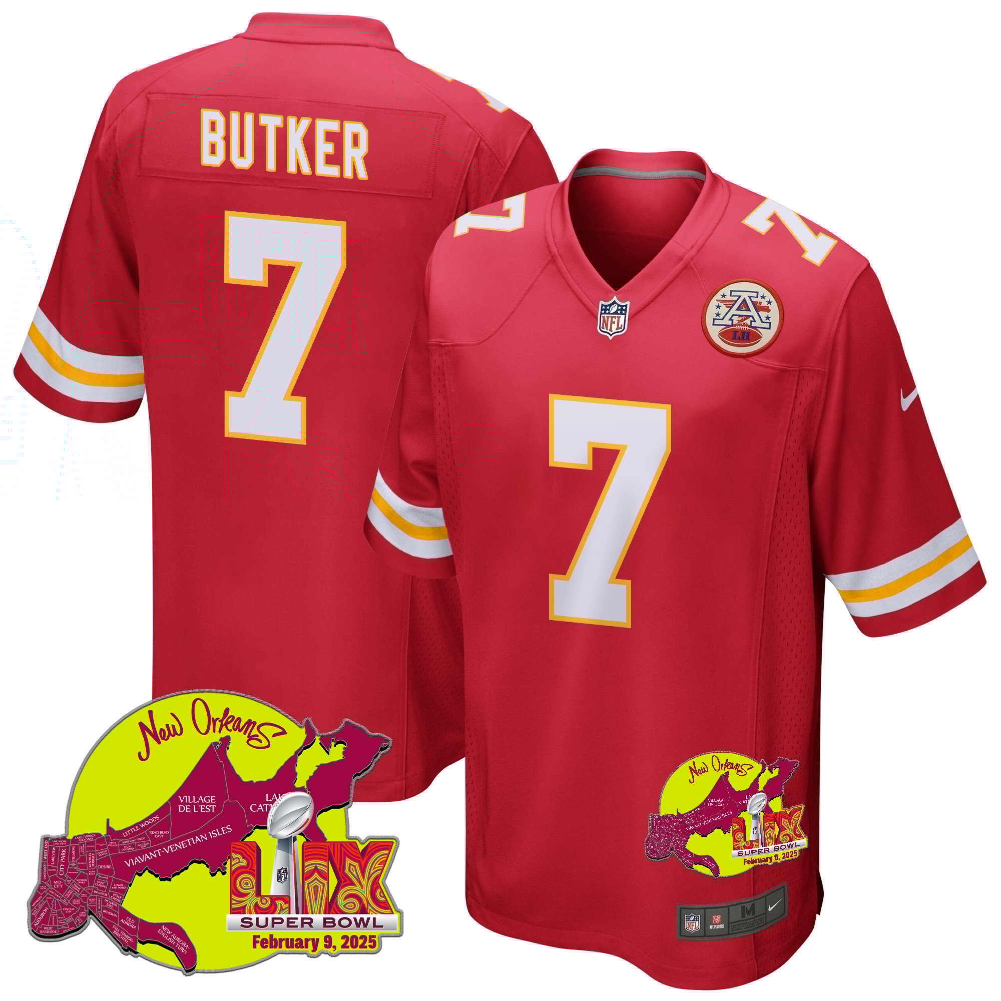 Harrison Butker 7 Kansas City Chiefs Super Bowl LIX New Orleans Patch Game Red NFL Jersey Men's
