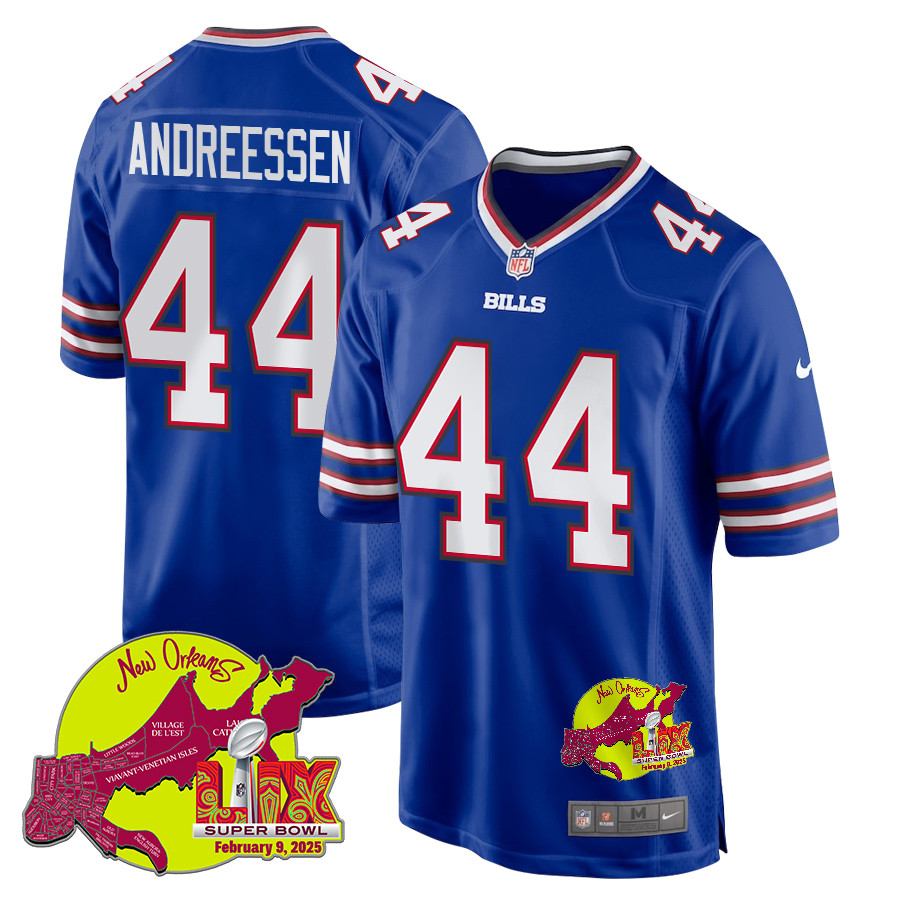 Joe Andreessen 44 Buffalo Bills Super Bowl LIX New Orleans Patch Game Royal NFL Jersey Men's