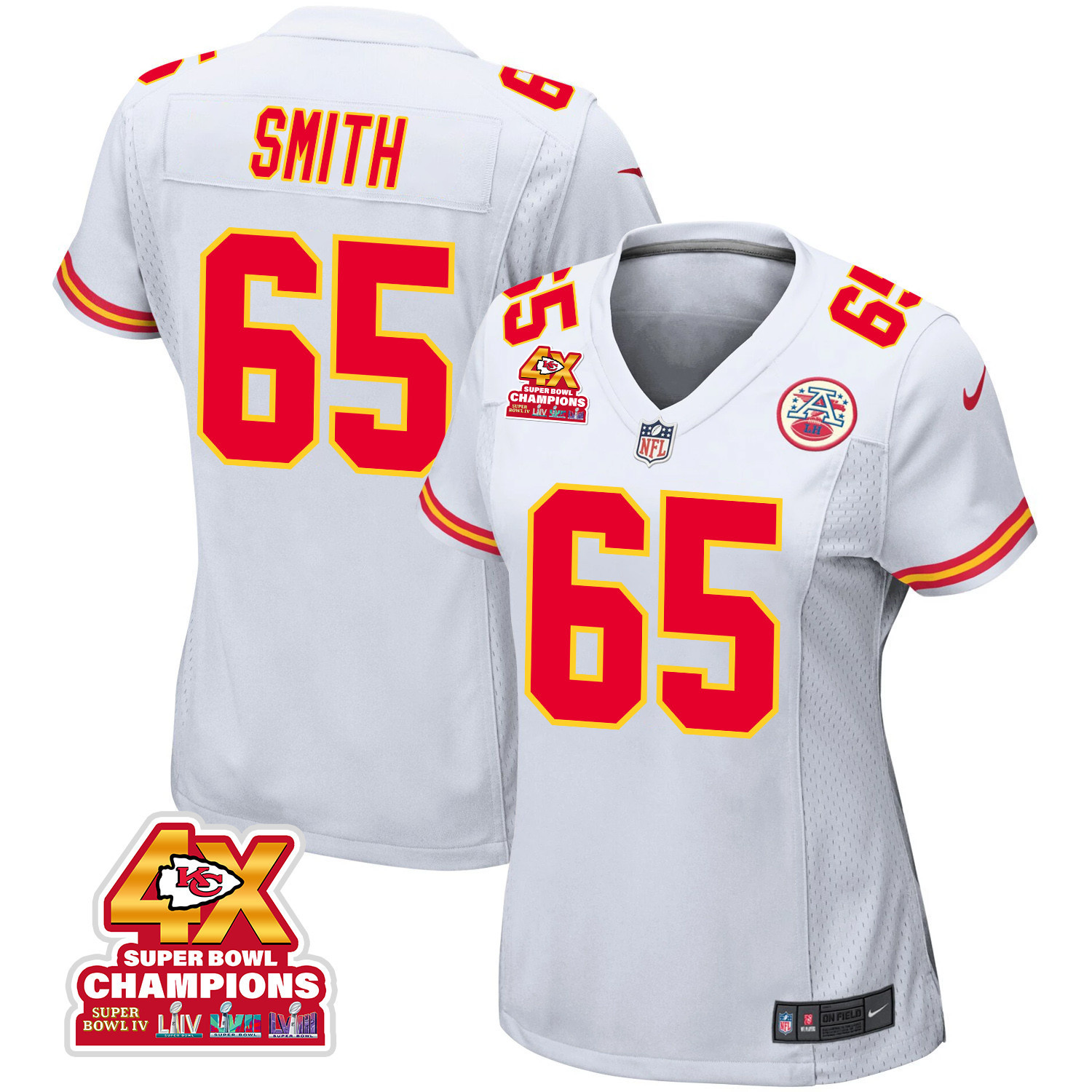 Trey Smith 65 Kansas City Chiefs Super Bowl LVIII Champions 4X Game White NFL Jersey Women's