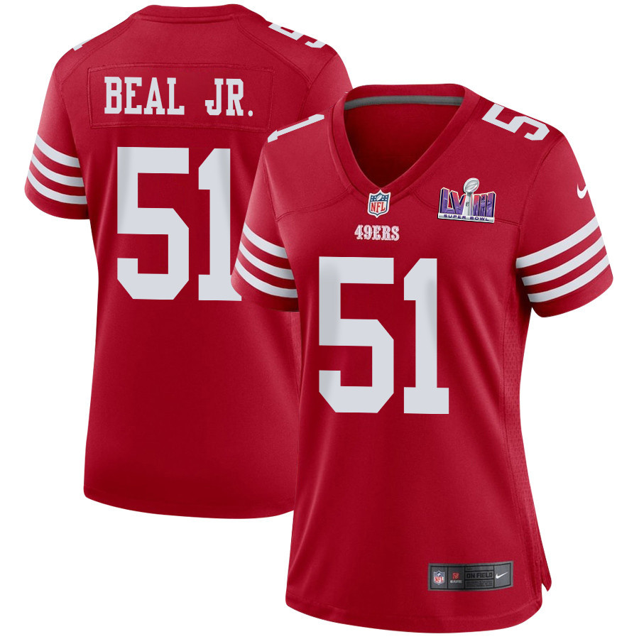 Robert Beal Jr. 51 San Francisco 49ers Super Bowl LVIII Patch Game Scarlet NFL Jersey Women's